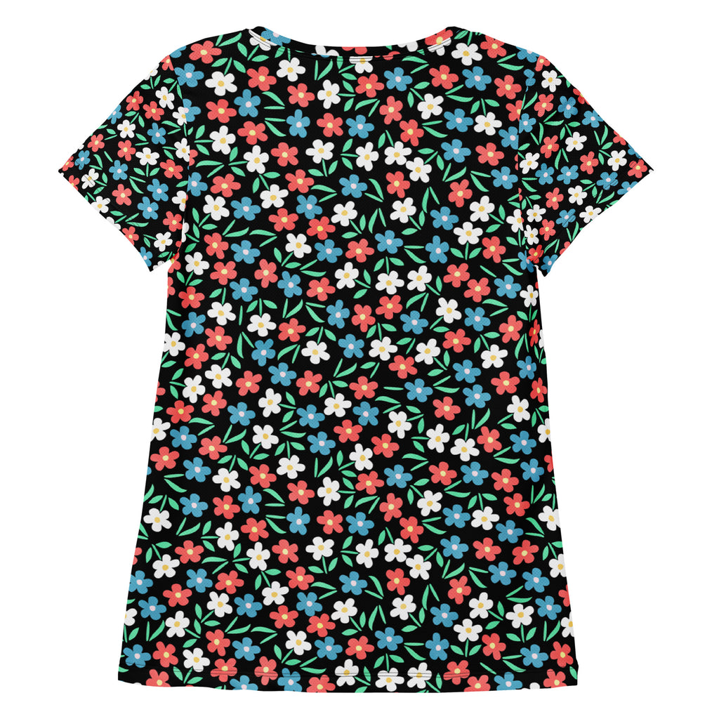 Women’s Colorful Black Wildflower Athletic T-Shirt - Lightweight Moisture Wicking Workout Top With UPF 50+