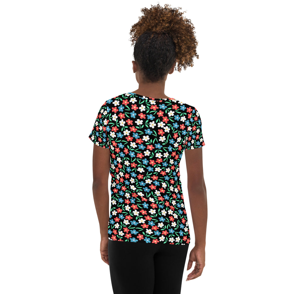 Women’s Colorful Black Wildflower Athletic T-Shirt - Lightweight Moisture Wicking Workout Top With UPF 50+