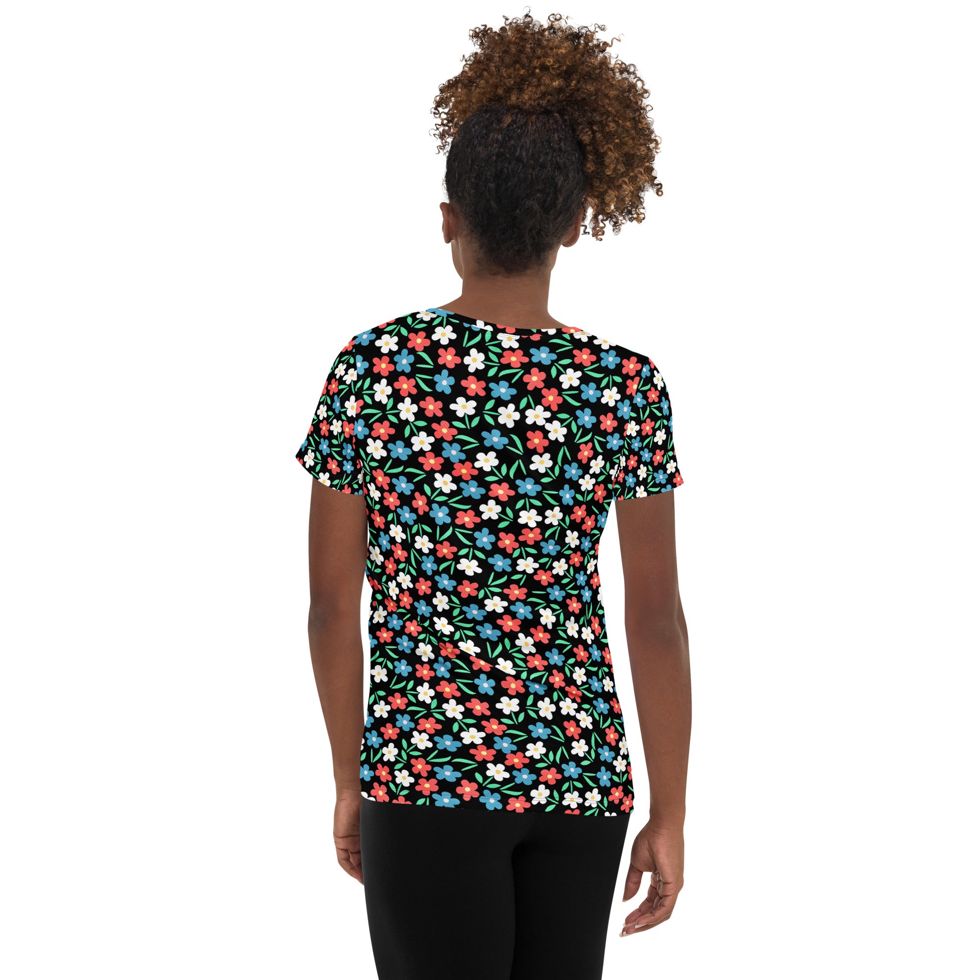 Women’s Colorful Black Wildflower Athletic T-Shirt - Lightweight Moisture Wicking Workout Top With UPF 50+
