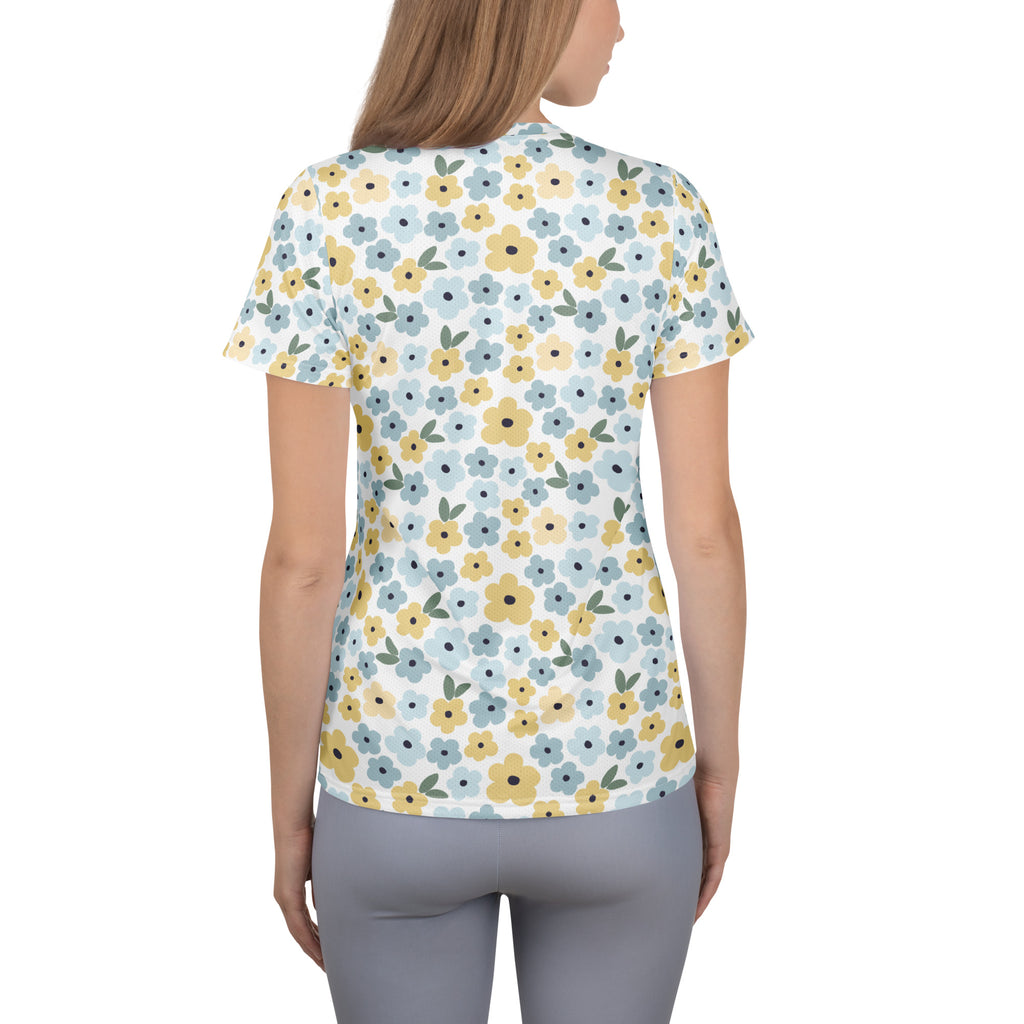 Women’s Blue & Yellow Floral Athletic T-Shirt - Lightweight Moisture Wicking Workout Top With UPF 50+