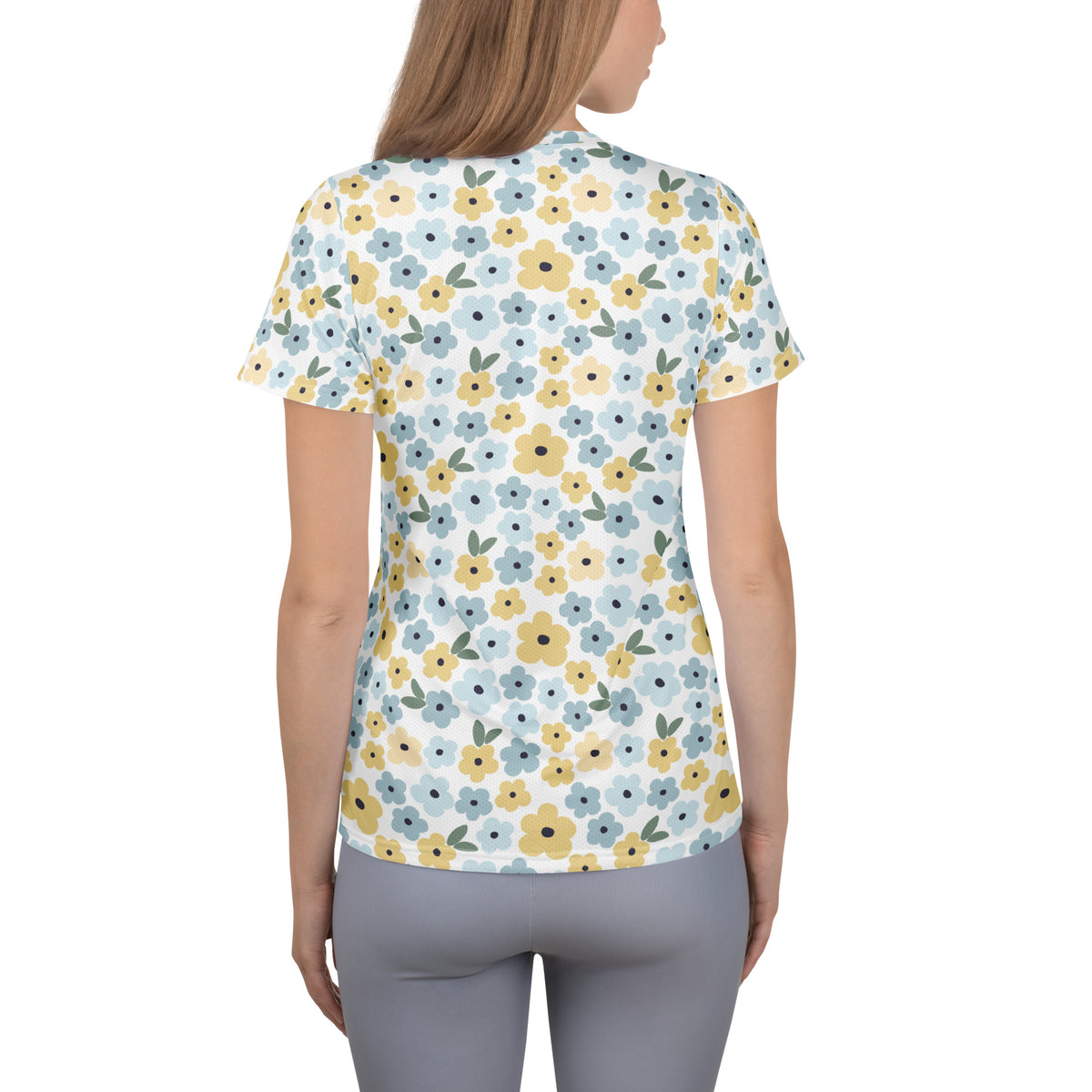 Women’s Blue & Yellow Floral Athletic T-Shirt - Lightweight Moisture Wicking Workout Top With UPF 50+
