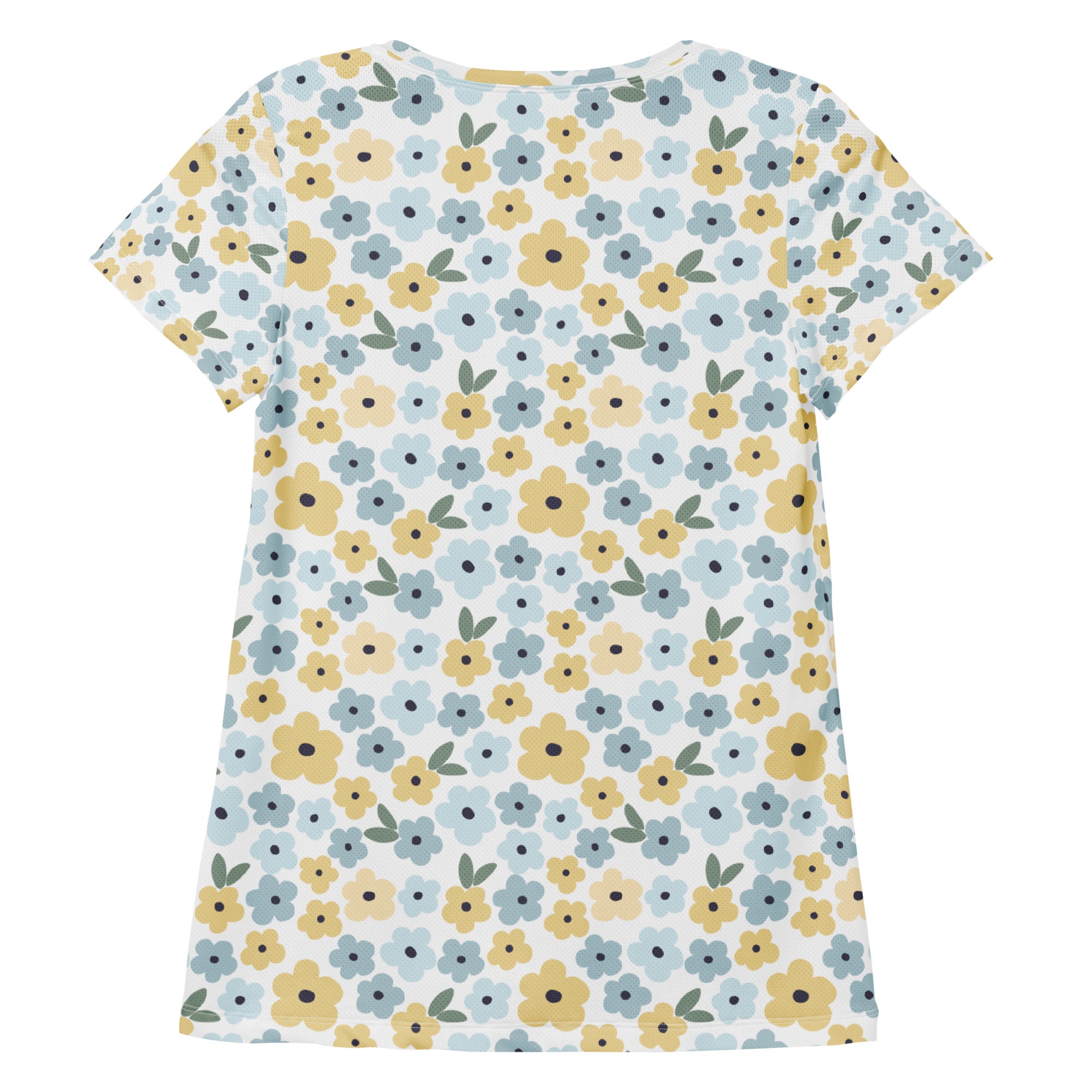Women’s Blue & Yellow Floral Athletic T-Shirt - Lightweight Moisture Wicking Workout Top With UPF 50+