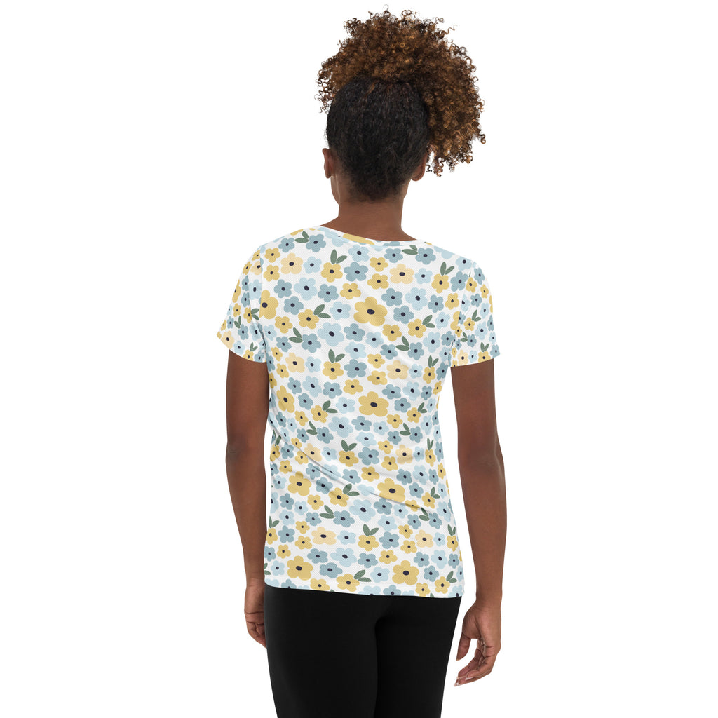 Women’s Blue & Yellow Floral Athletic T-Shirt - Lightweight Moisture Wicking Workout Top With UPF 50+