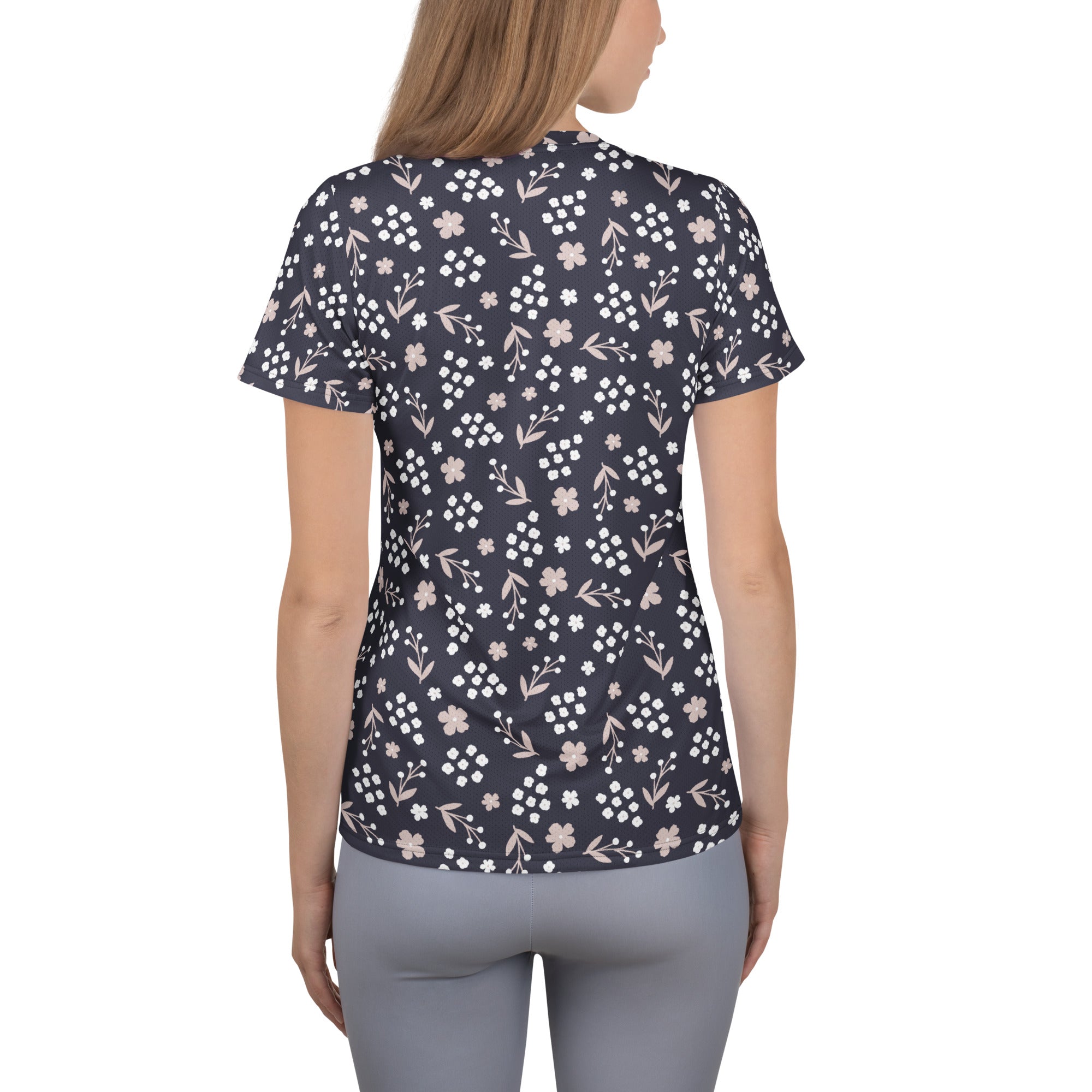 Women’s Charcoal Floral Athletic T-Shirt - Lightweight Moisture Wicking Workout Top With UPF 50+