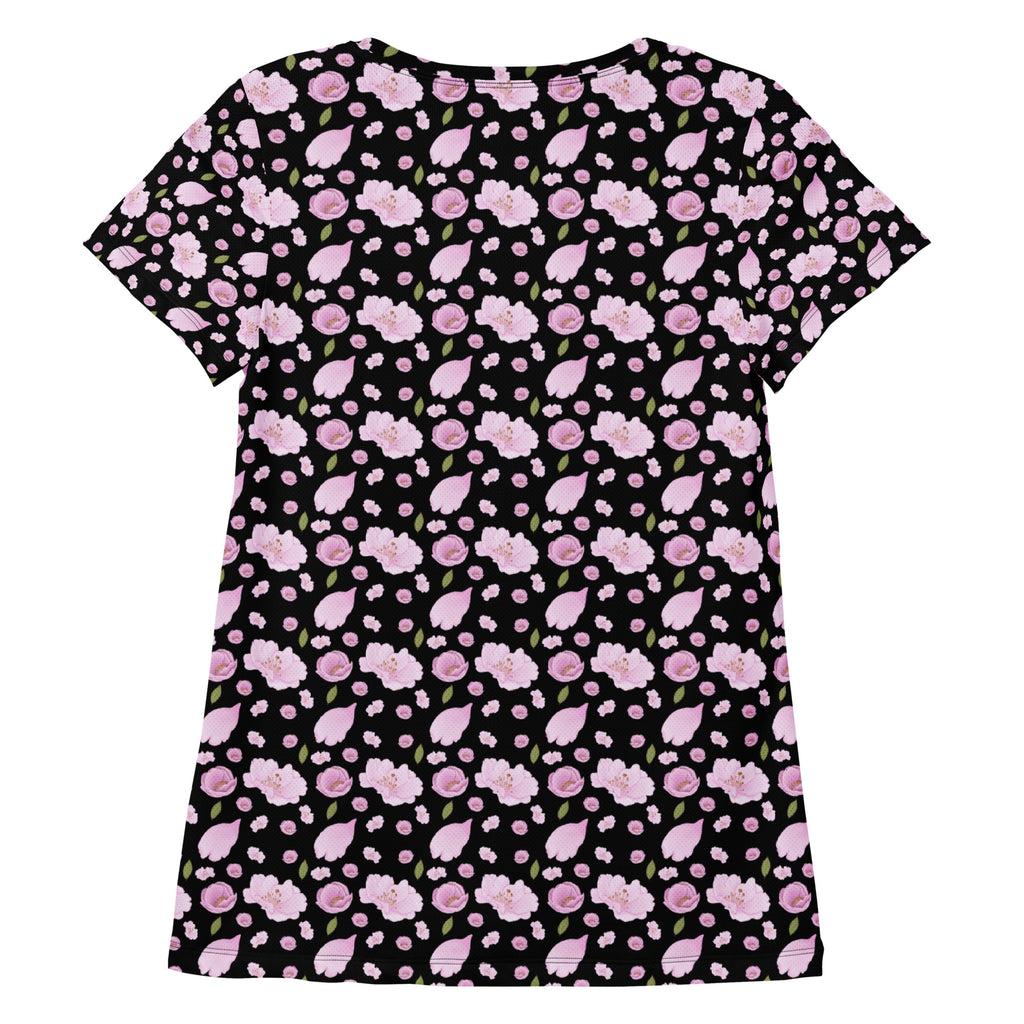 Women’s Black Blossom Athletic T-Shirt - Lightweight Moisture Wicking Workout Top With UPF 50+