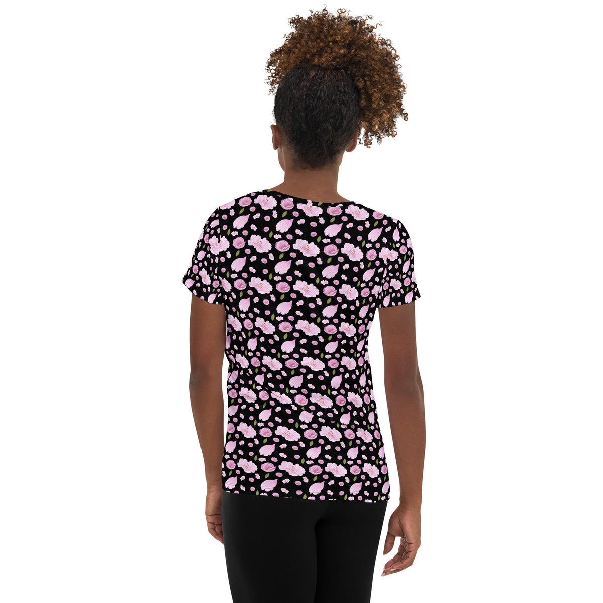 Women’s Black Blossom Athletic T-Shirt - Lightweight Moisture Wicking Workout Top With UPF 50+