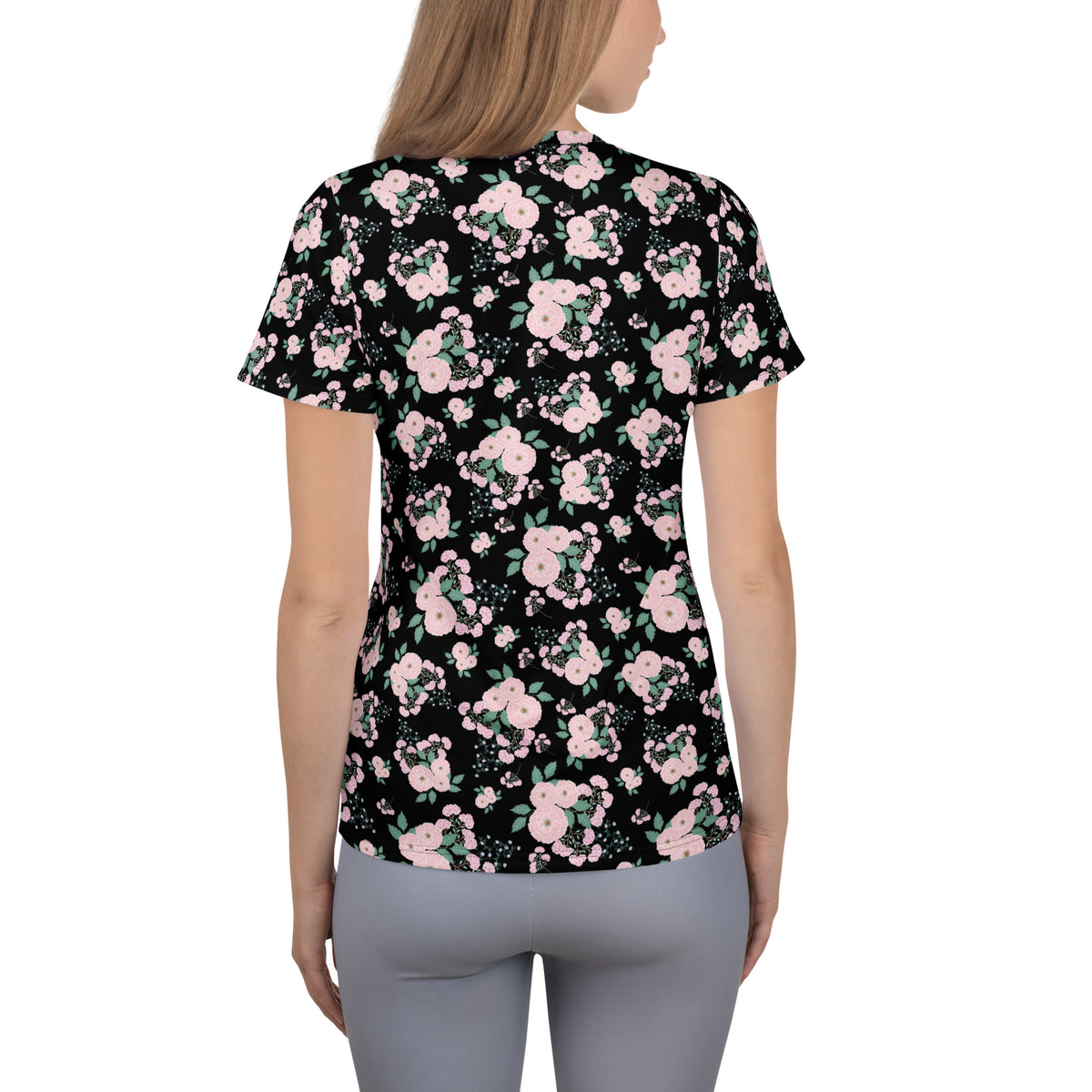 Women’s Pink Rose Floral Athletic T-Shirt - Lightweight Moisture Wicking Workout Top With UPF 50+