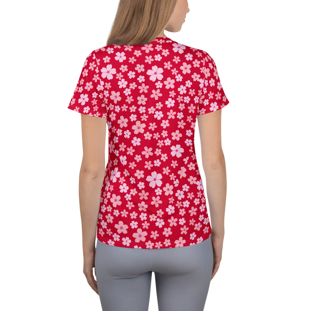 Women’s Rose Red Floral Athletic T-Shirt - Lightweight Moisture Wicking Workout Top With UPF 50+