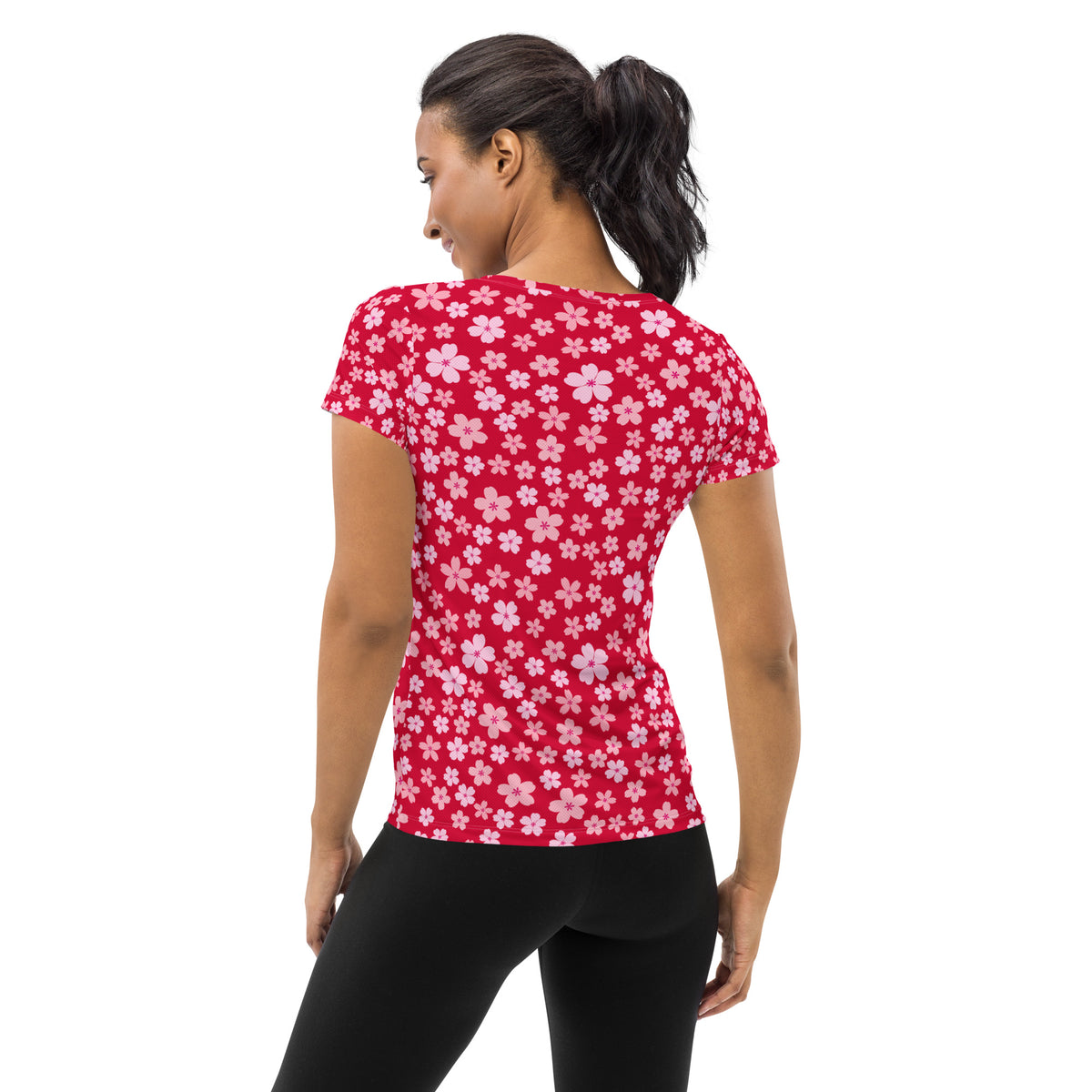 Women’s Rose Red Floral Athletic T-Shirt - Lightweight Moisture Wicking Workout Top With UPF 50+