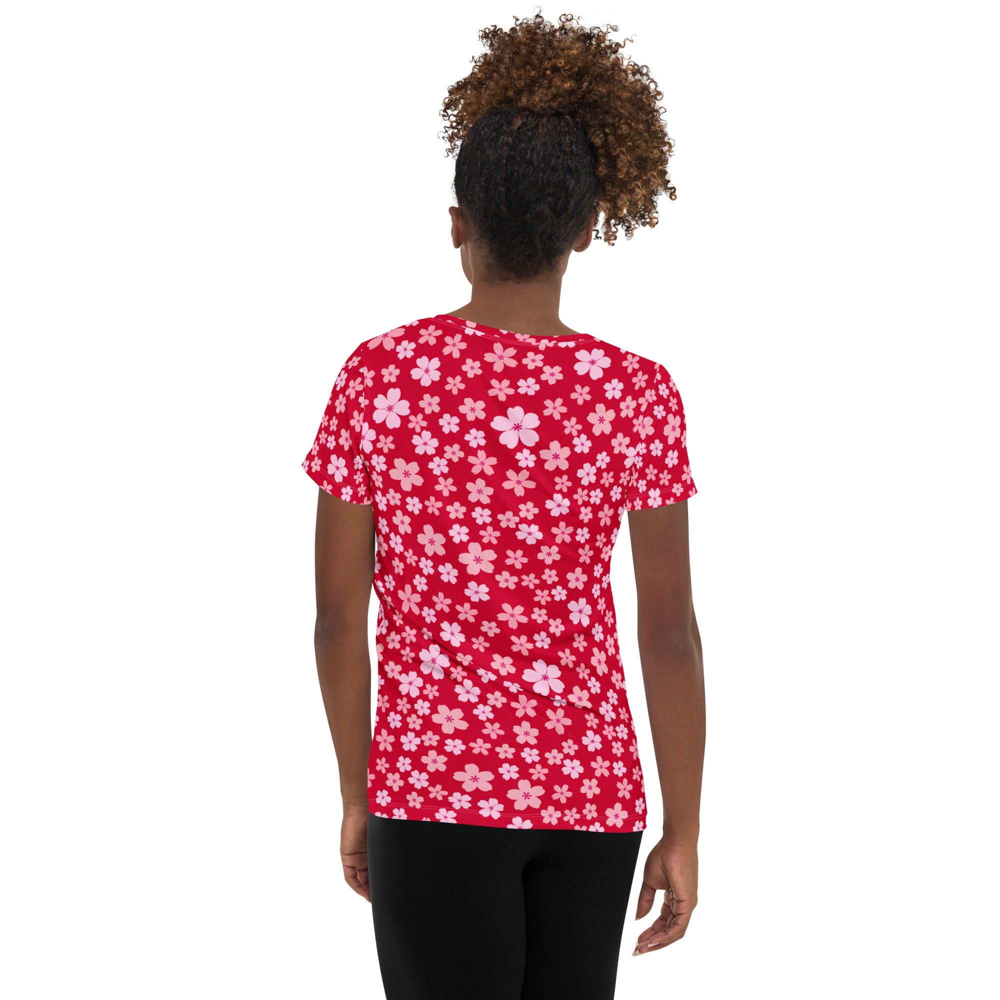 Women’s Rose Red Floral Athletic T-Shirt - Lightweight Moisture Wicking Workout Top With UPF 50+