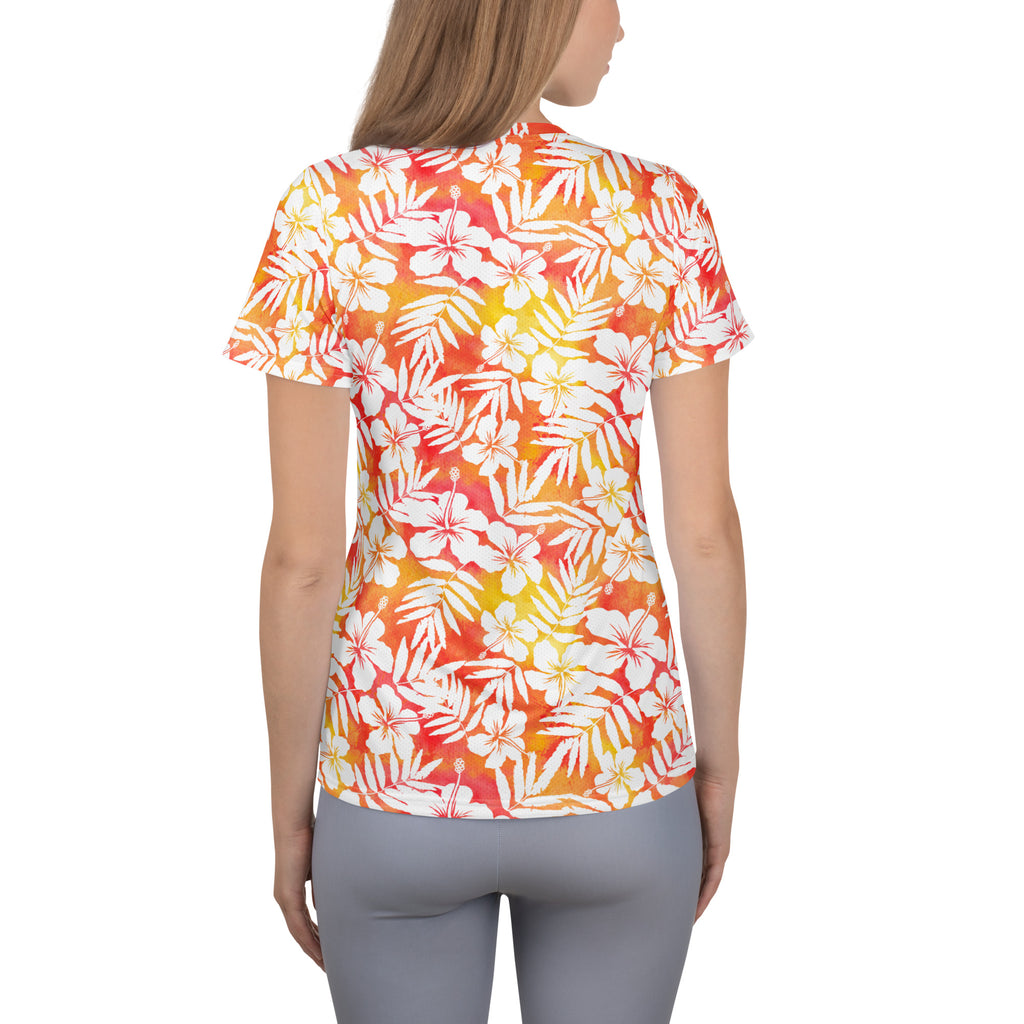 Women’s Tropical Hibiscus Athletic T-Shirt - Lightweight Moisture Wicking Workout Top With UPF 50+