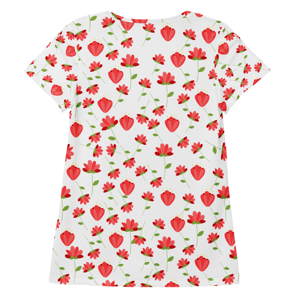 Women’s Red Wildflower Athletic T-Shirt - Lightweight Moisture Wicking Workout Top With UPF 50+