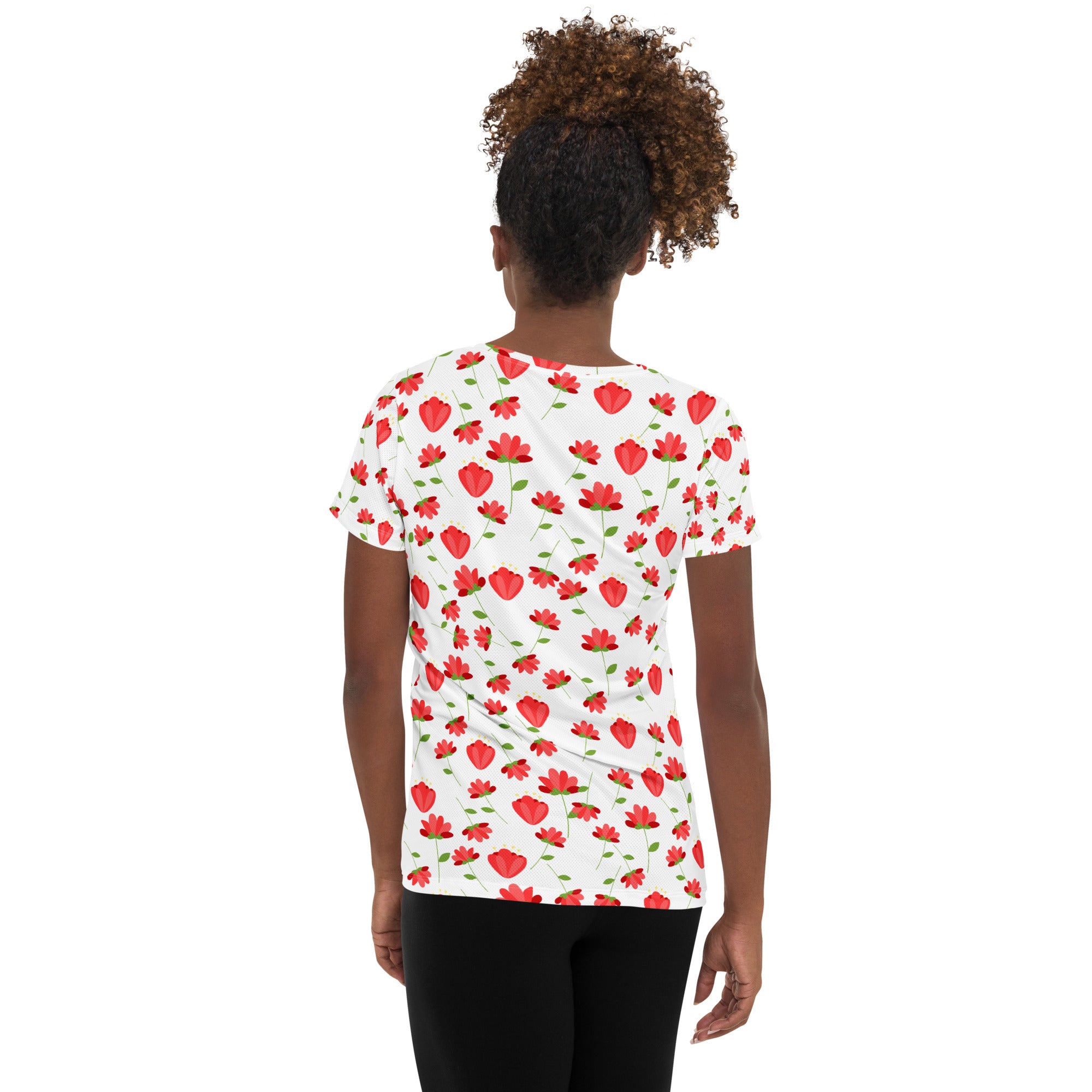Women’s Red Wildflower Athletic T-Shirt - Lightweight Moisture Wicking Workout Top With UPF 50+