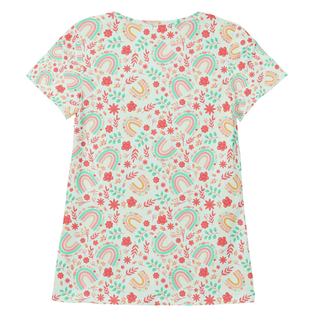 Women’s Boho Rainbow Floral Athletic T-Shirt - Lightweight Moisture Wicking Workout Top With UPF 50+
