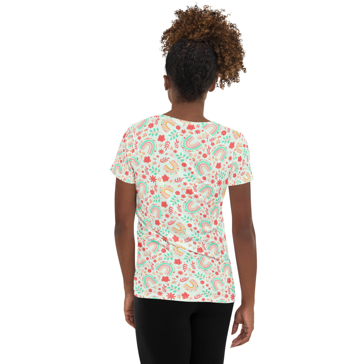 Women’s Boho Rainbow Floral Athletic T-Shirt - Lightweight Moisture Wicking Workout Top With UPF 50+