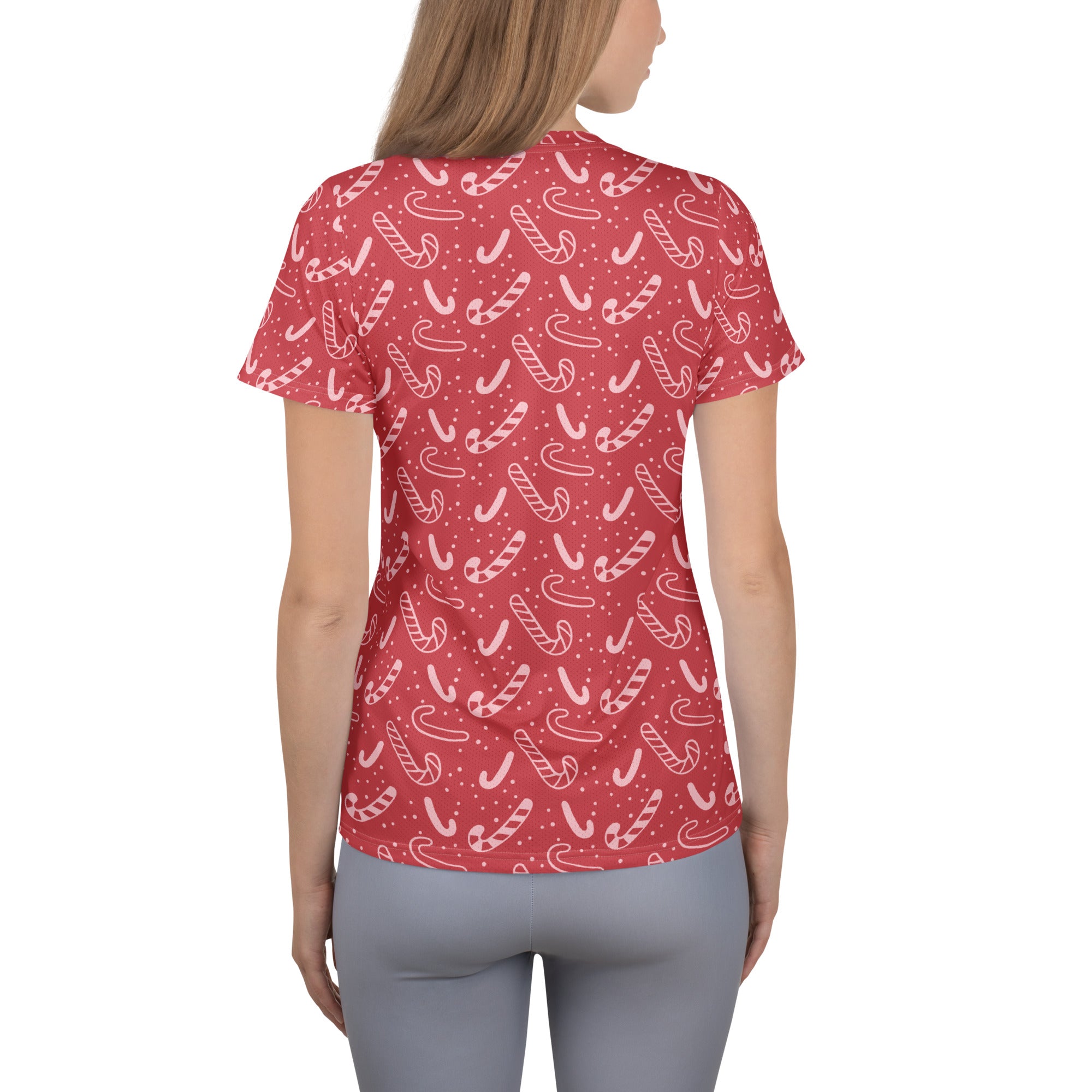 Women’s Red Candy Cane Athletic T-Shirt - Lightweight Moisture Wicking Workout Top With UPF 50+