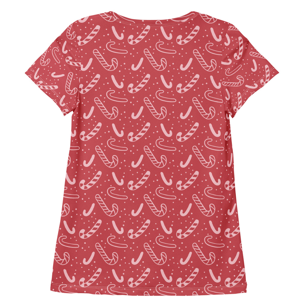 Women’s Red Candy Cane Athletic T-Shirt - Lightweight Moisture Wicking Workout Top With UPF 50+