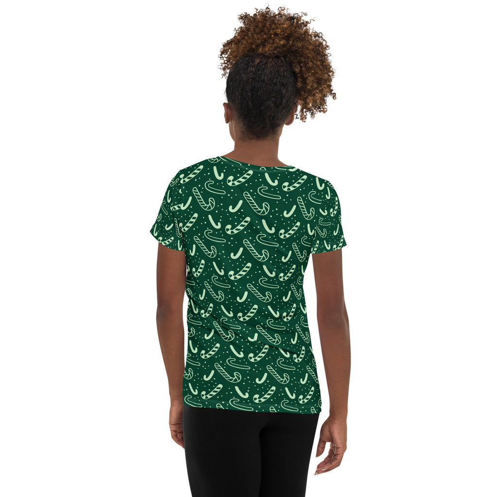 Women’s Grreen Candy Cane Athletic T-Shirt - Lightweight Moisture Wicking Workout Top With UPF 50+