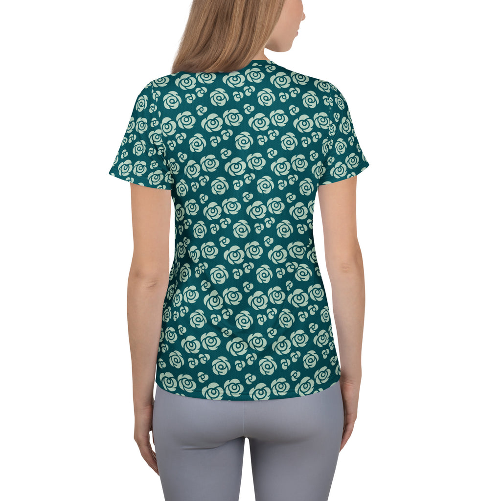 Women’s Teal Rose Athletic T-Shirt - Lightweight Moisture Wicking Workout Top With UPF 50+