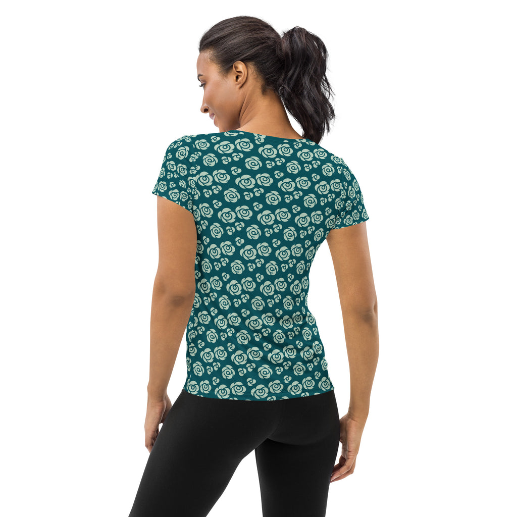 Women’s Teal Rose Athletic T-Shirt - Lightweight Moisture Wicking Workout Top With UPF 50+