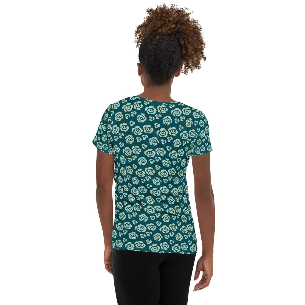 Women’s Teal Rose Athletic T-Shirt - Lightweight Moisture Wicking Workout Top With UPF 50+