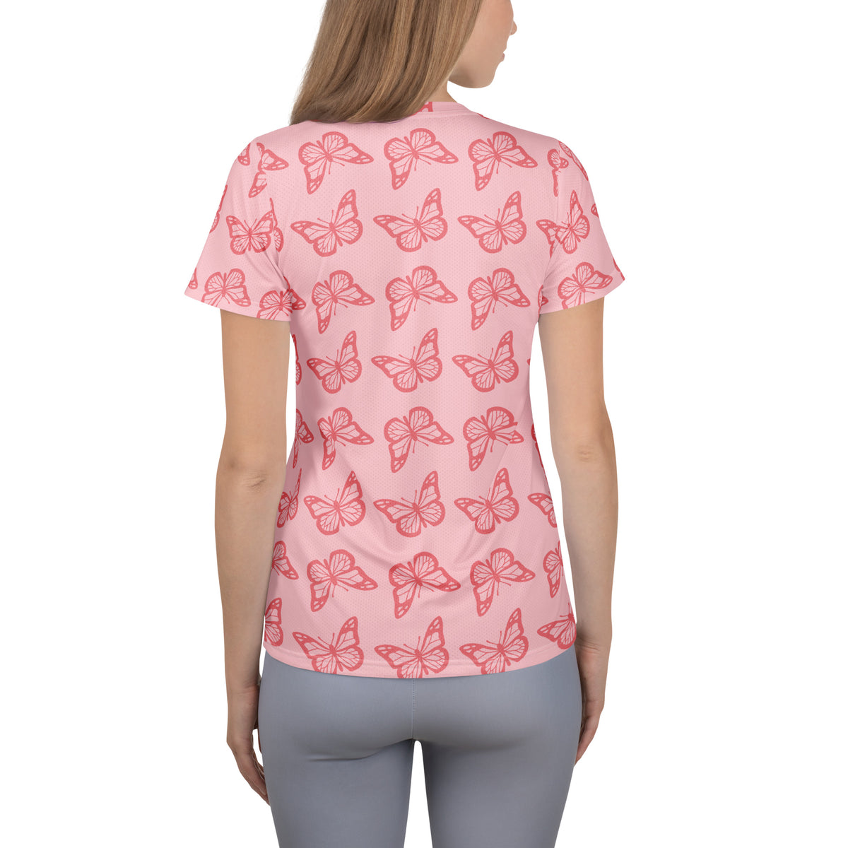 Women’s Pink Butterfly Athletic T-Shirt - Lightweight Moisture Wicking Workout Top With UPF 50+