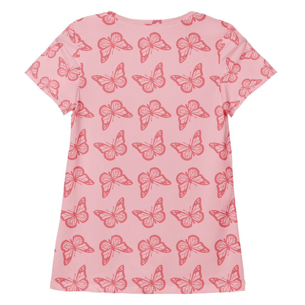 Women’s Pink Butterfly Athletic T-Shirt - Lightweight Moisture Wicking Workout Top With UPF 50+