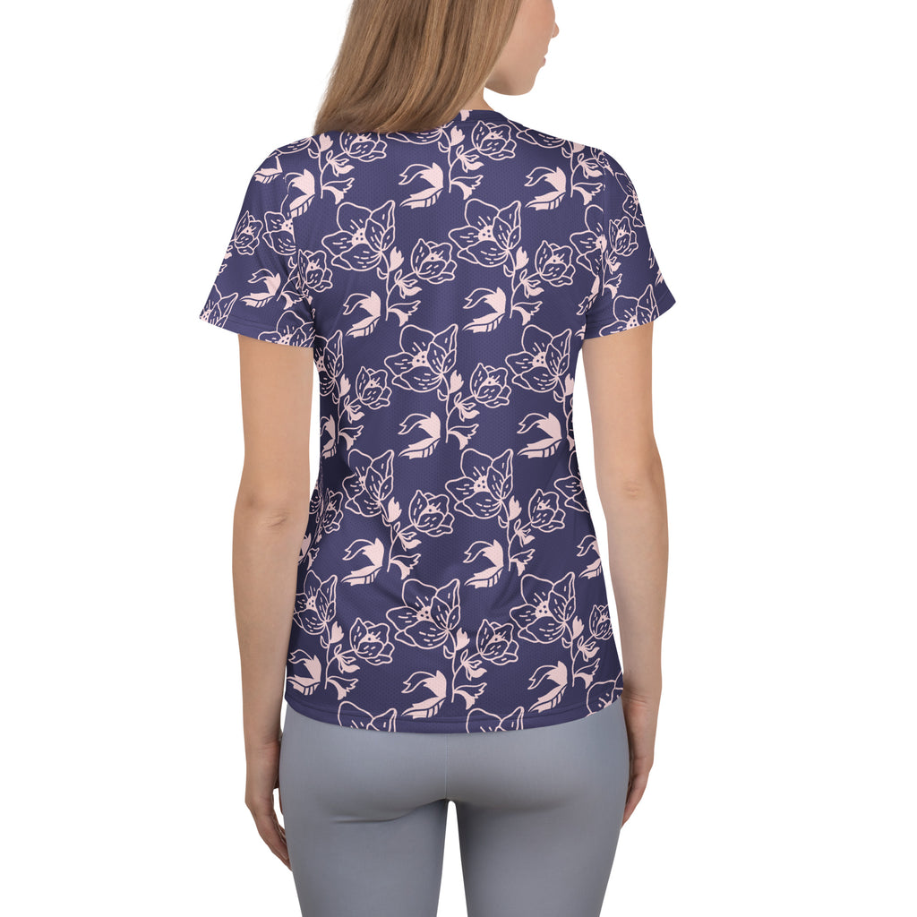 Women’s Dark Purple Floral Athletic T-Shirt - Lightweight Moisture Wicking Workout Top With UPF 50+