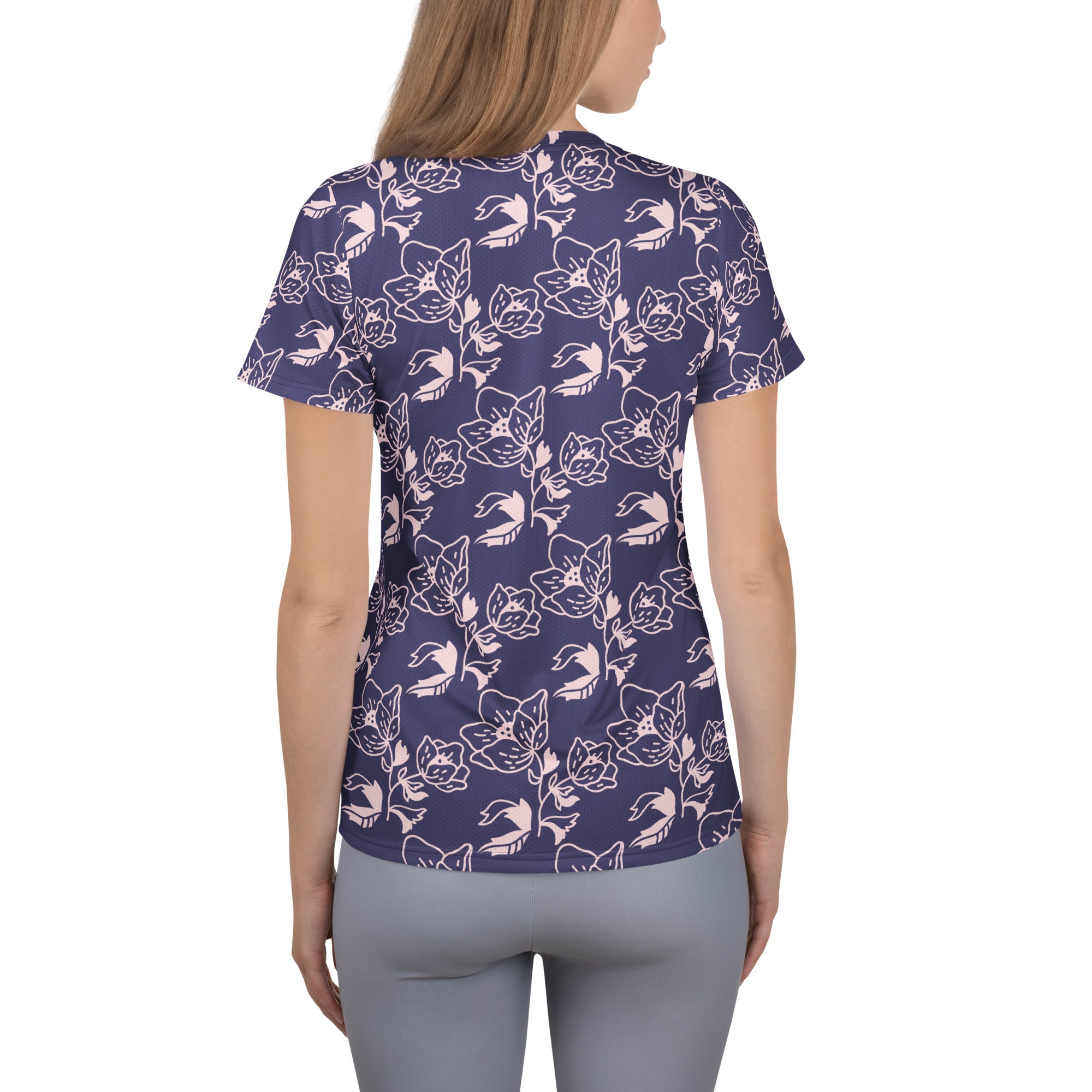 Women’s Dark Purple Floral Athletic T-Shirt - Lightweight Moisture Wicking Workout Top With UPF 50+