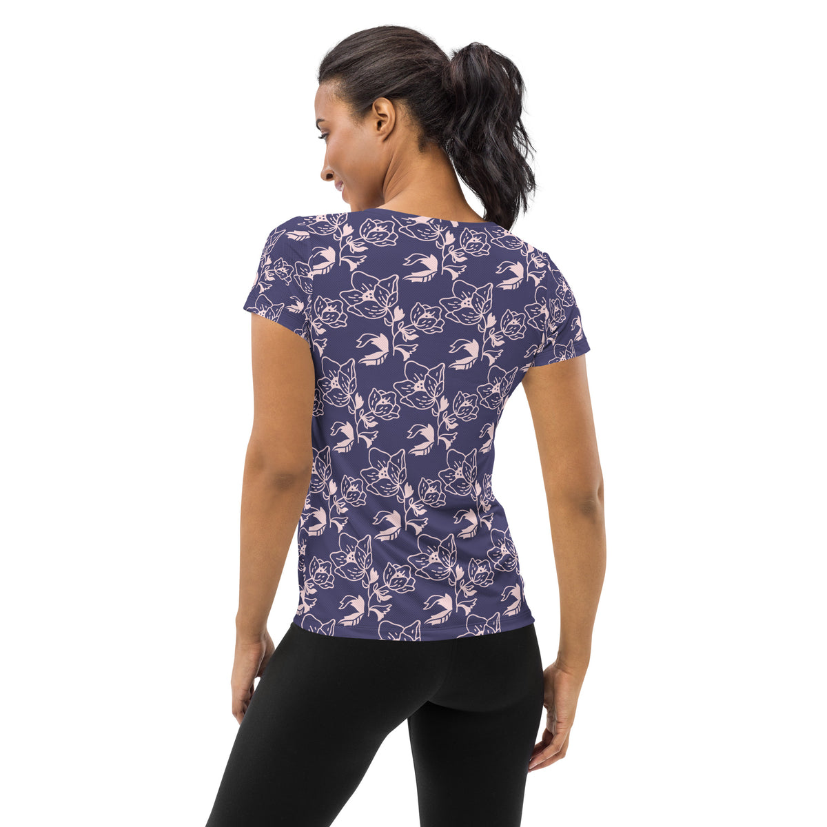 Women’s Dark Purple Floral Athletic T-Shirt - Lightweight Moisture Wicking Workout Top With UPF 50+