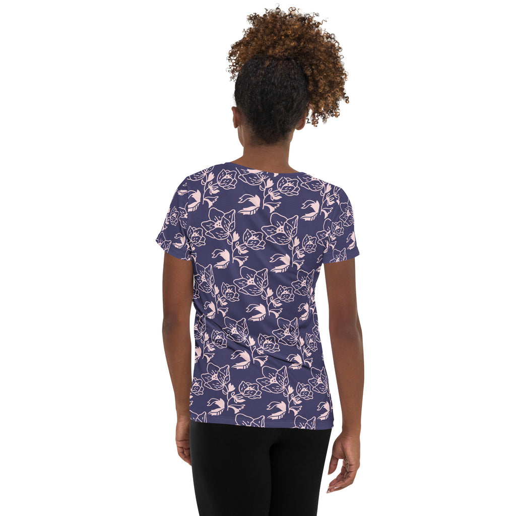 Women’s Dark Purple Floral Athletic T-Shirt - Lightweight Moisture Wicking Workout Top With UPF 50+