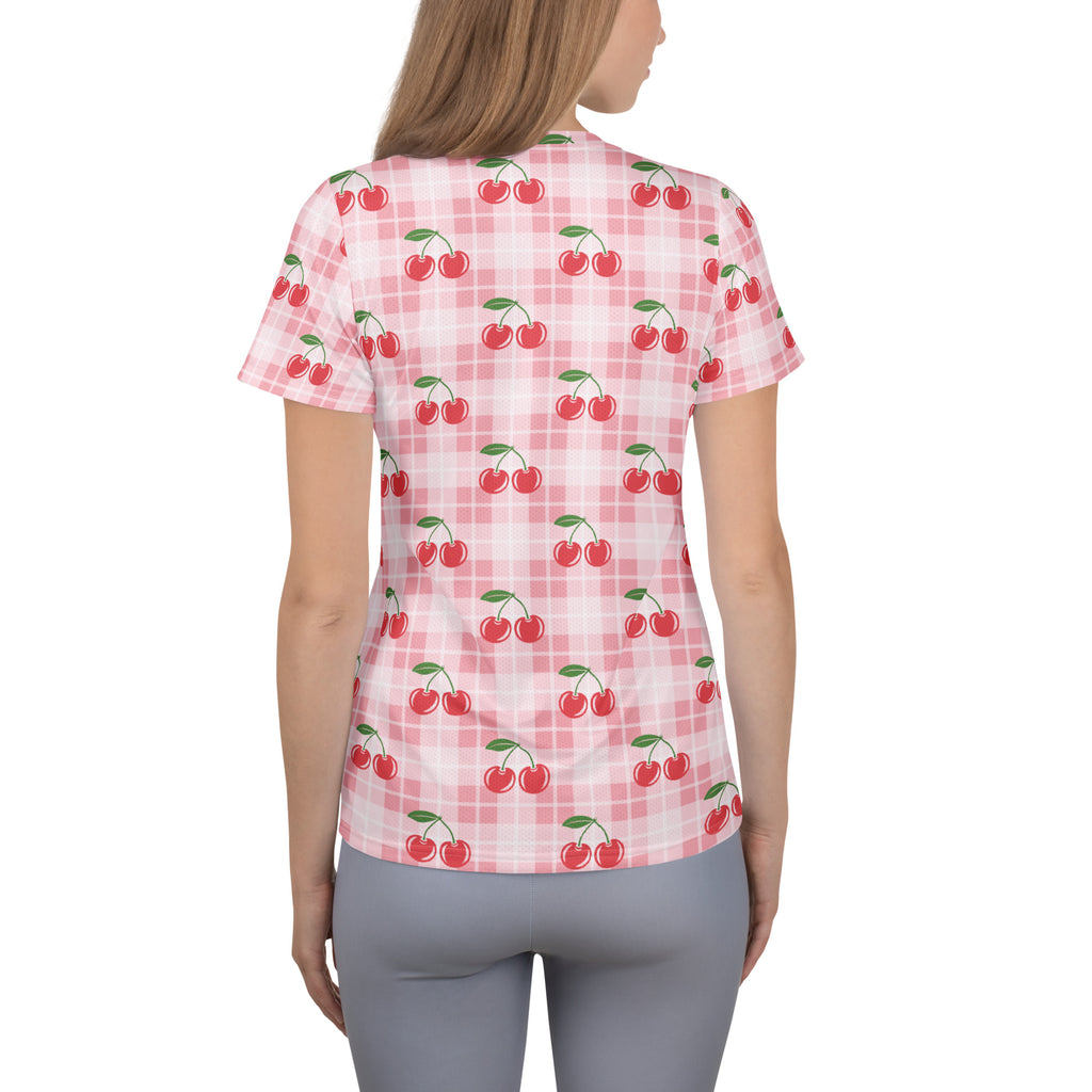 Women’s Pink Cherry Gingham Athletic T-Shirt - Lightweight Moisture Wicking Workout Top With UPF 50+