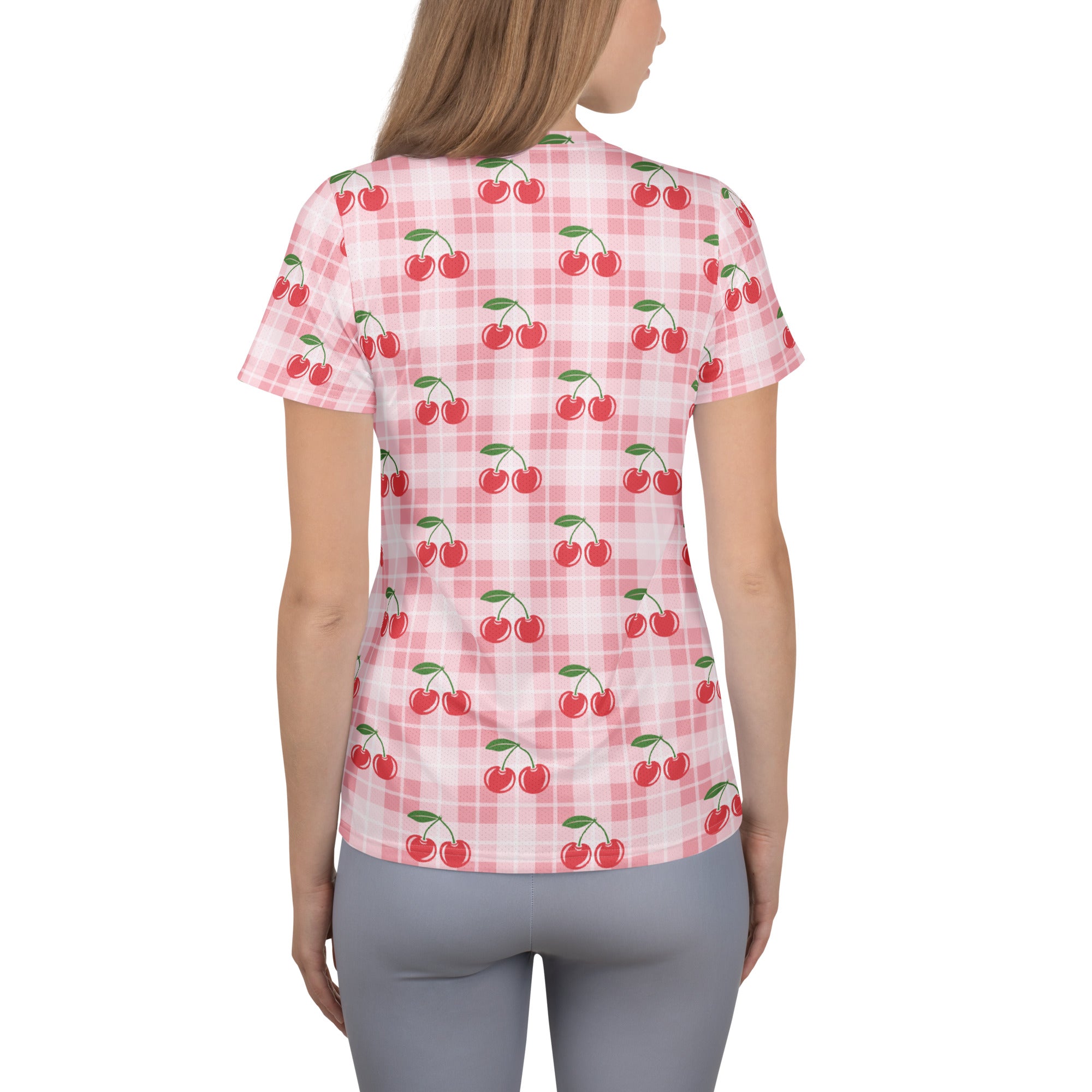 Women’s Pink Cherry Gingham Athletic T-Shirt - Lightweight Moisture Wicking Workout Top With UPF 50+