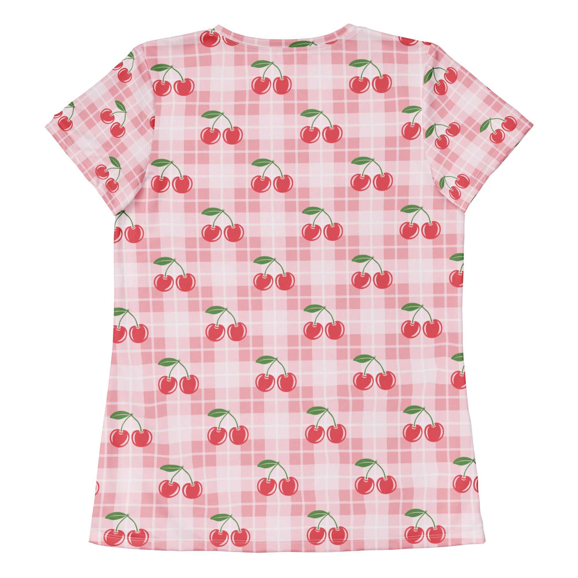 Women’s Pink Cherry Gingham Athletic T-Shirt - Lightweight Moisture Wicking Workout Top With UPF 50+