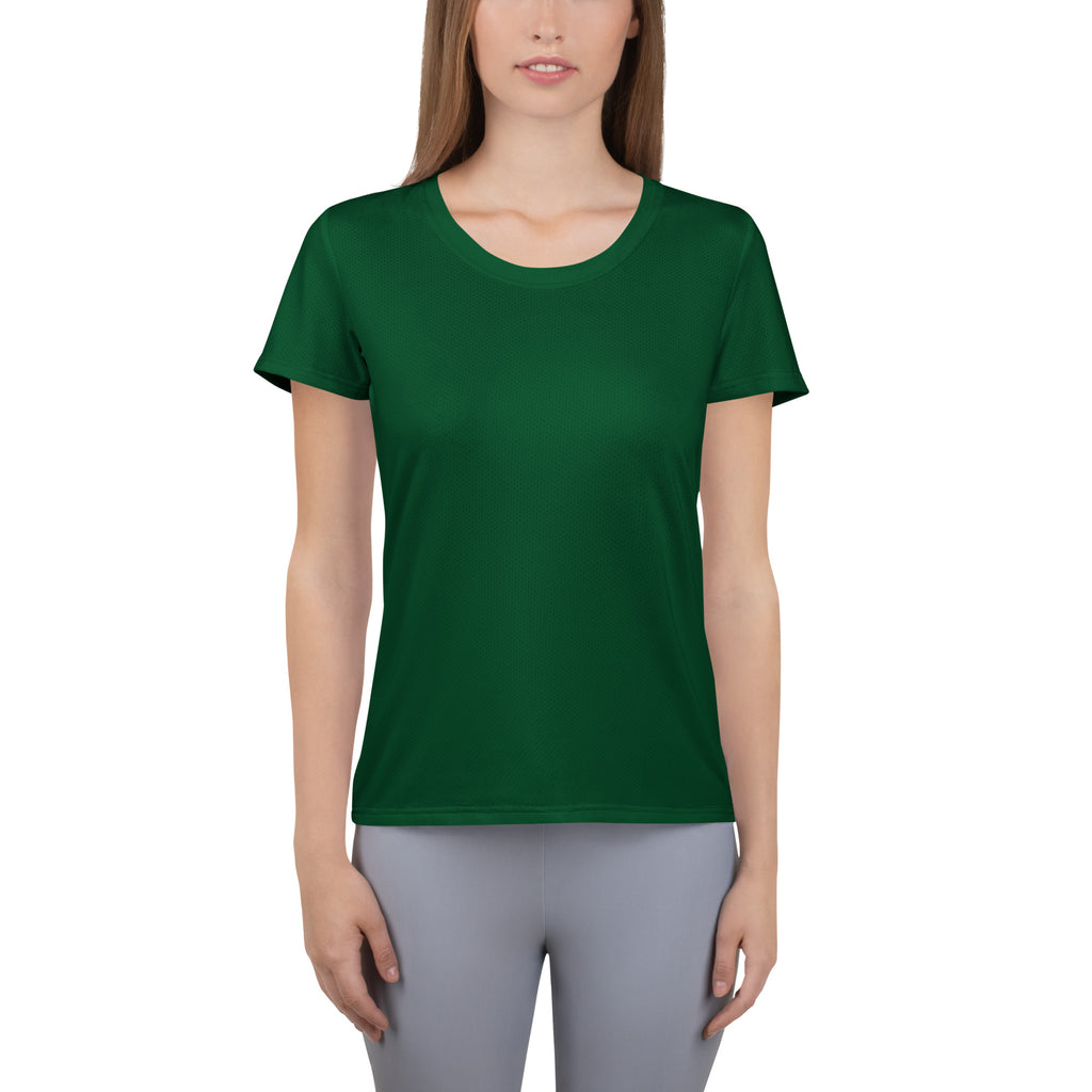 A solid dark green women’s short-sleeved performance athletic t-shirt with moisture wicking and UPF 50+ protection