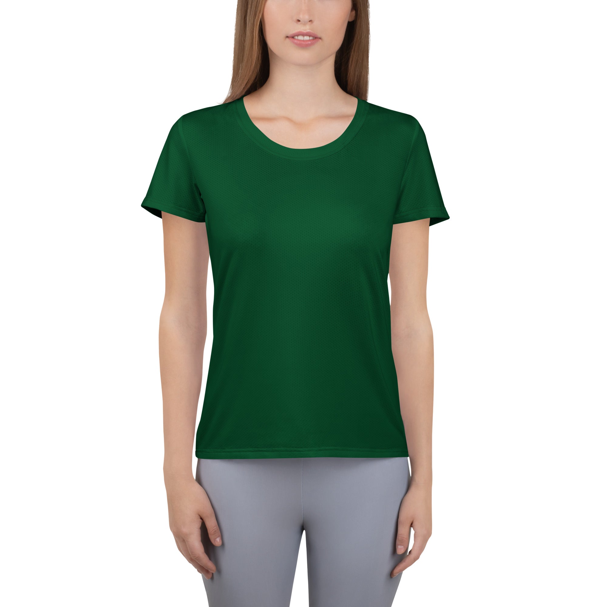 A solid dark green women’s short-sleeved performance athletic t-shirt with moisture wicking and UPF 50+ protection