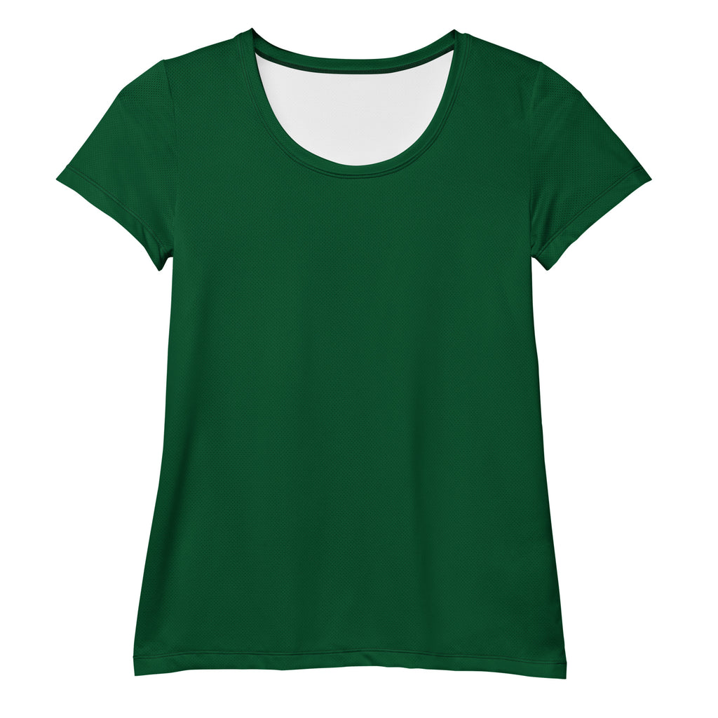 Women’s dark green short-sleeved performance athletic t-shirt with rounded neckline and moisture wicking fabric