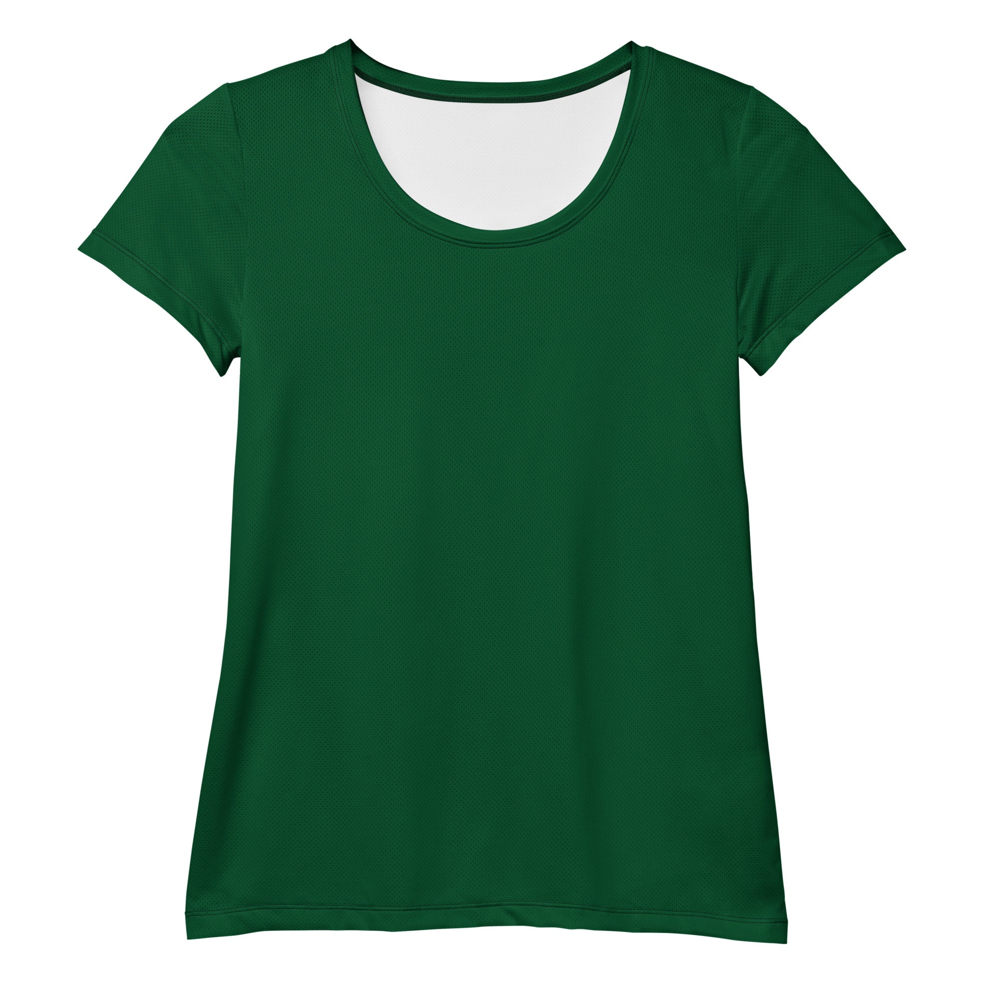 Women’s dark green short-sleeved performance athletic t-shirt with rounded neckline and moisture wicking fabric