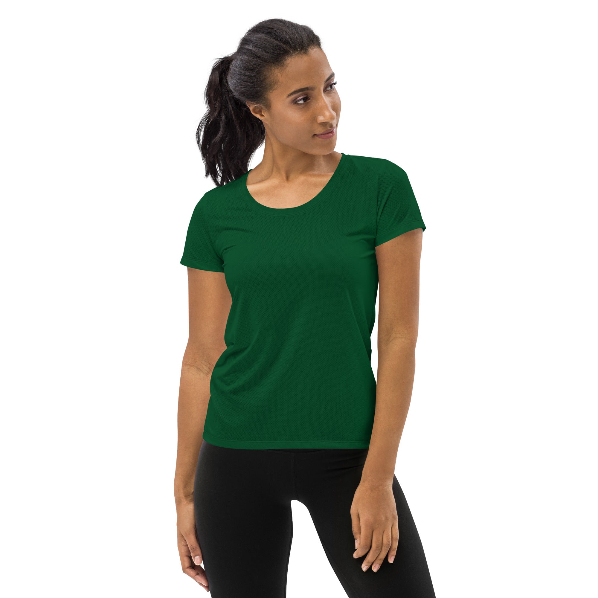 Women’s dark green short-sleeved performance athletic t-shirt with rounded neckline lightweight moisture wicking fabric