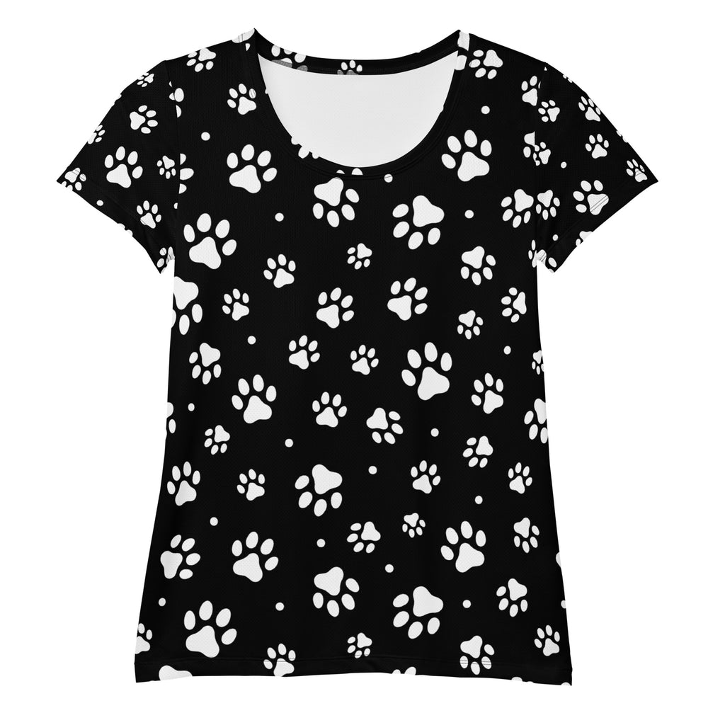 Women’s black short-sleeved athletic t-shirt with white paw print pattern lightweight moisture wicking upf 50+