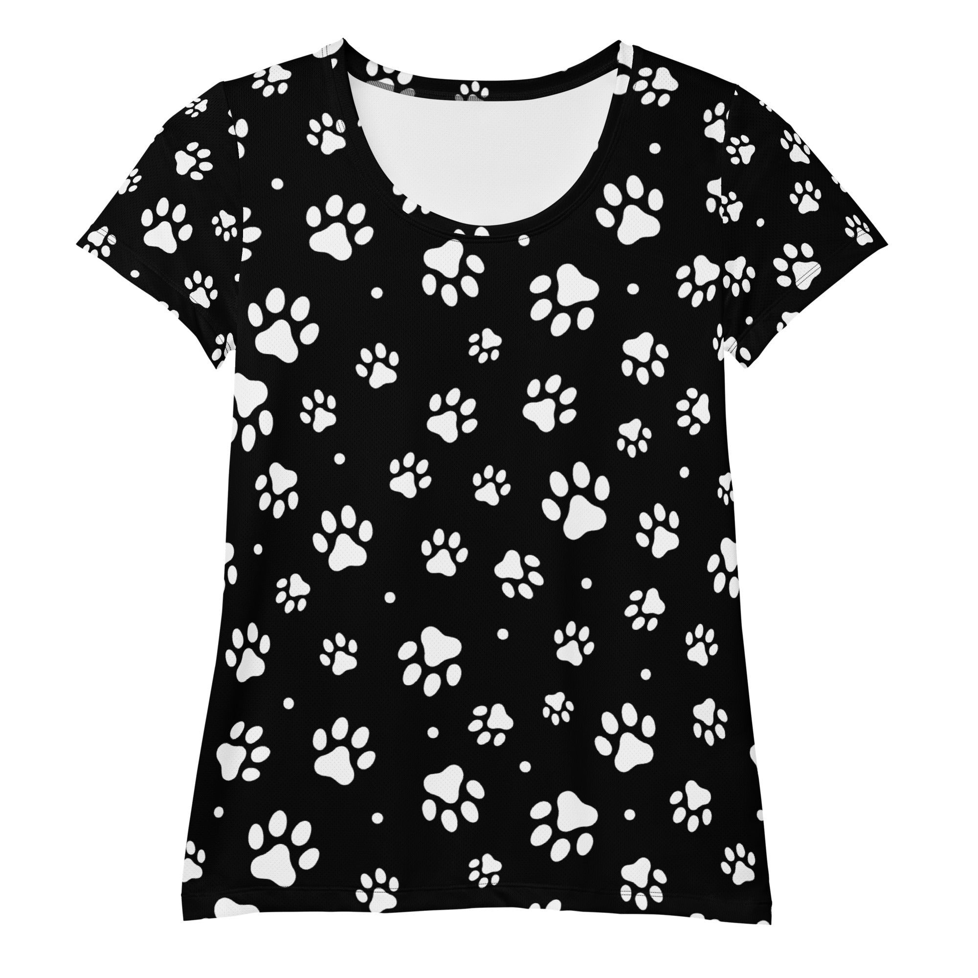 Women’s black short-sleeved athletic t-shirt with white paw print pattern lightweight moisture wicking upf 50+
