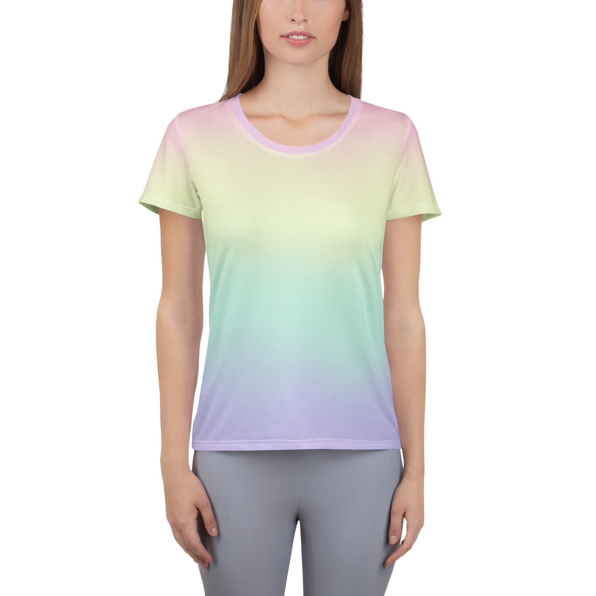 Women’s pastel rainbow performance athletic t-shirt with short sleeves and a lavender to mint green gradient color