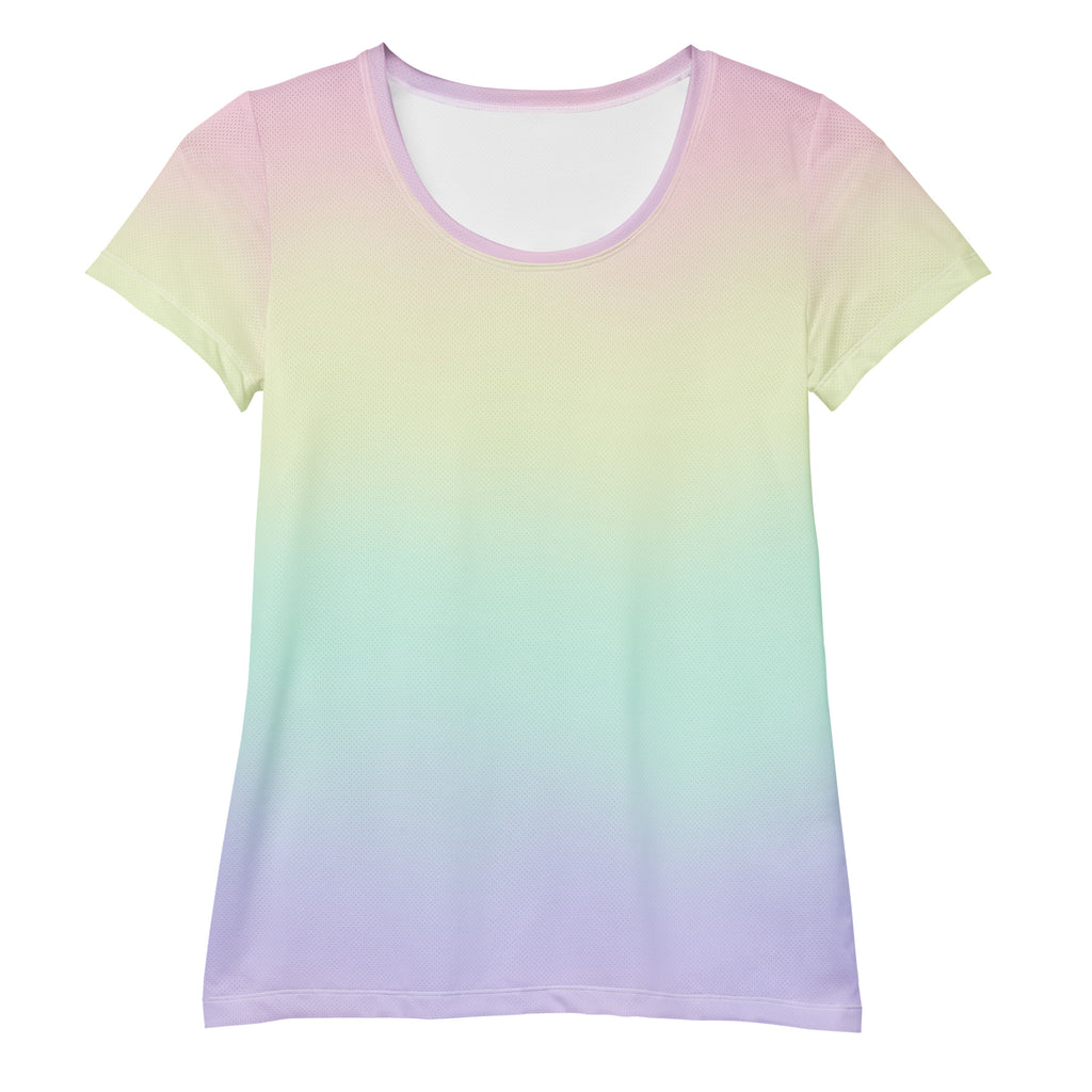 Women’s pastel rainbow gradient short-sleeved athletic t-shirt with soft mesh texture and upf 50 plus protection