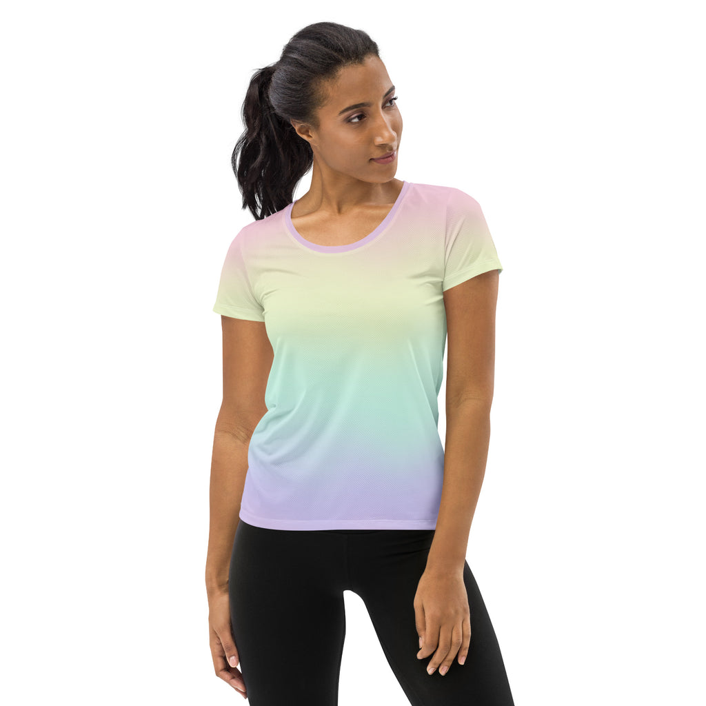 Women’s pastel rainbow performance athletic t-shirt with a lavender to mint green gradient and lightweight moisture wicking fabric
