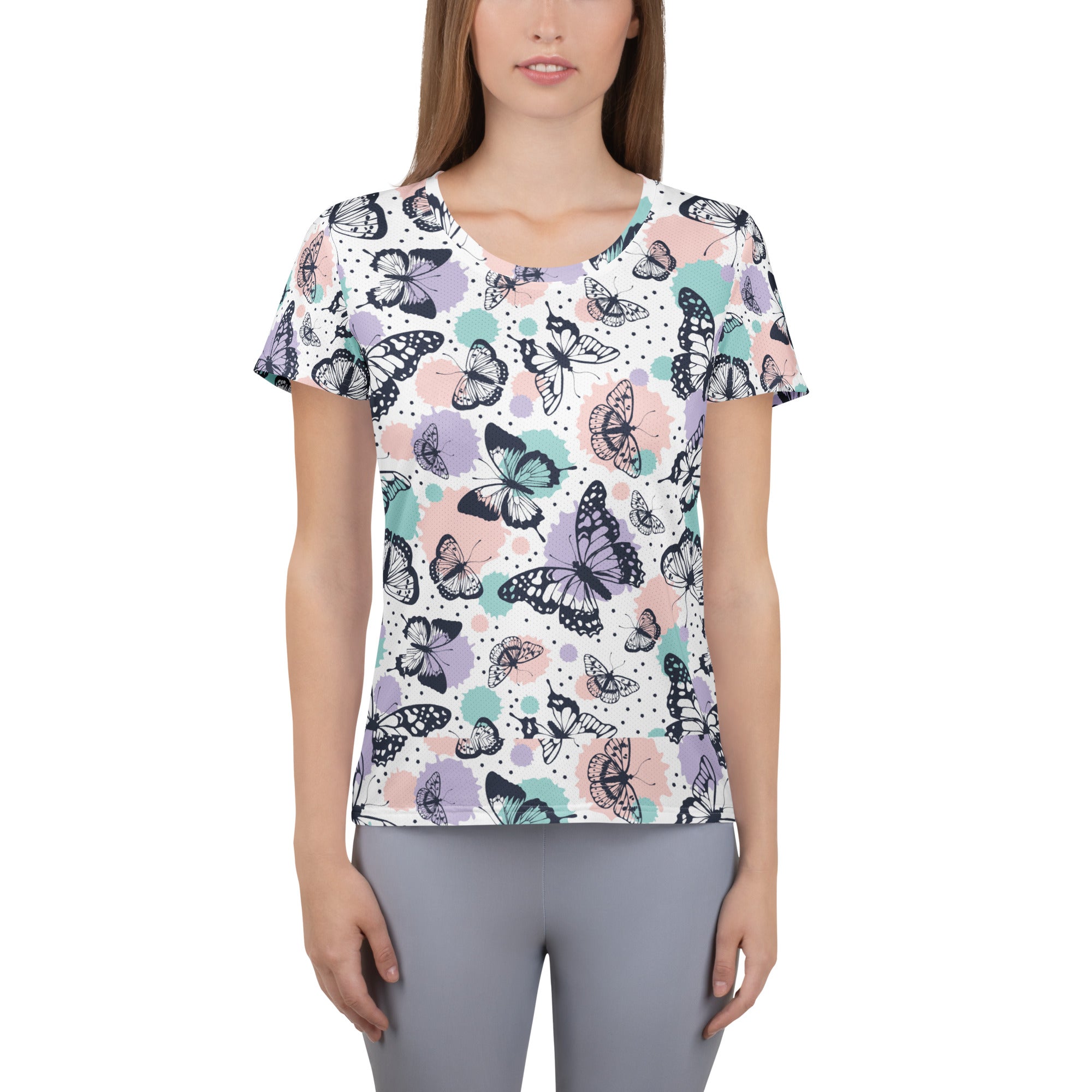 Women’s lightweight moisture wicking athletic t-shirt with butterfly print and upf 50 plus for workouts