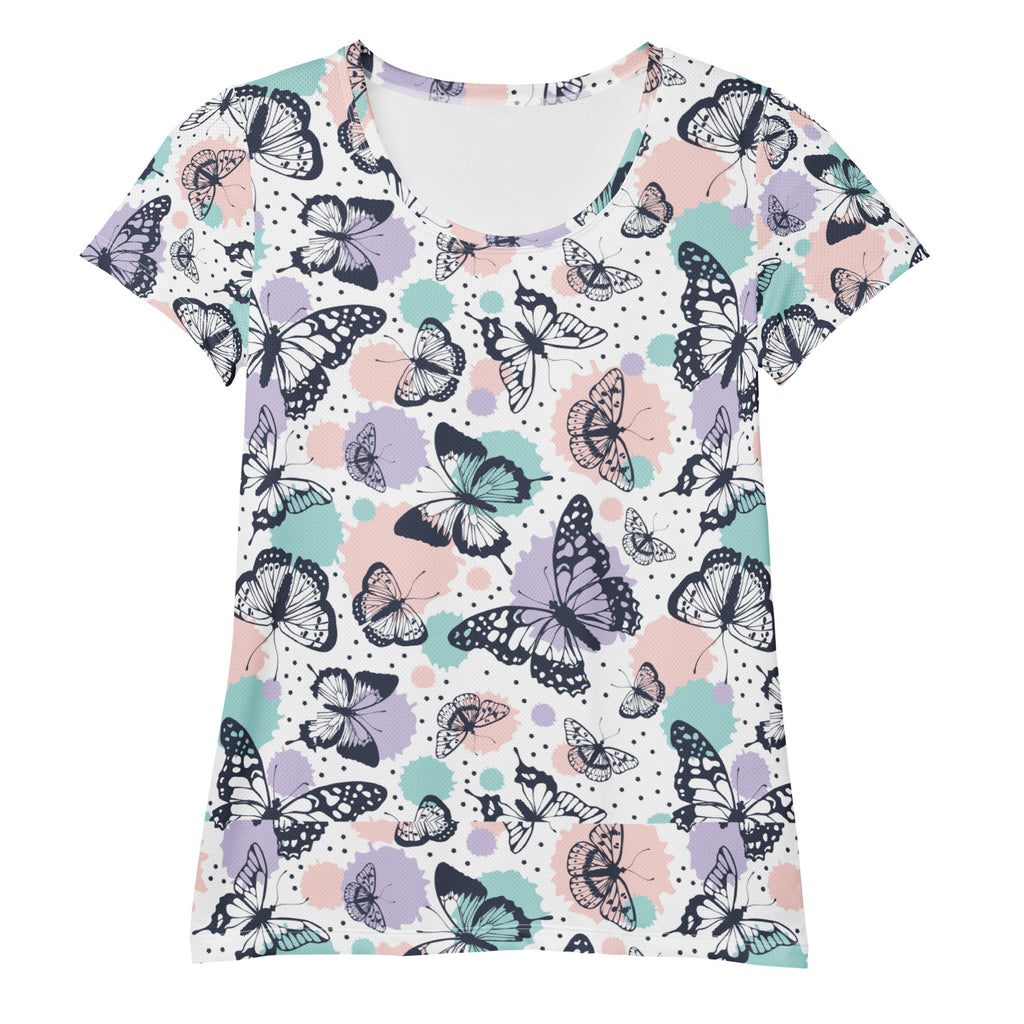 Women’s butterfly print performance athletic t-shirt with short sleeves in black lavender and mint green on white background