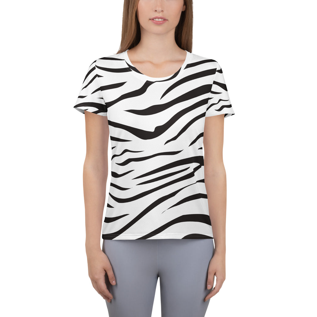 Women’s black and white zebra print short-sleeved performance t-shirt with moisture wicking and upf 50 plus protection