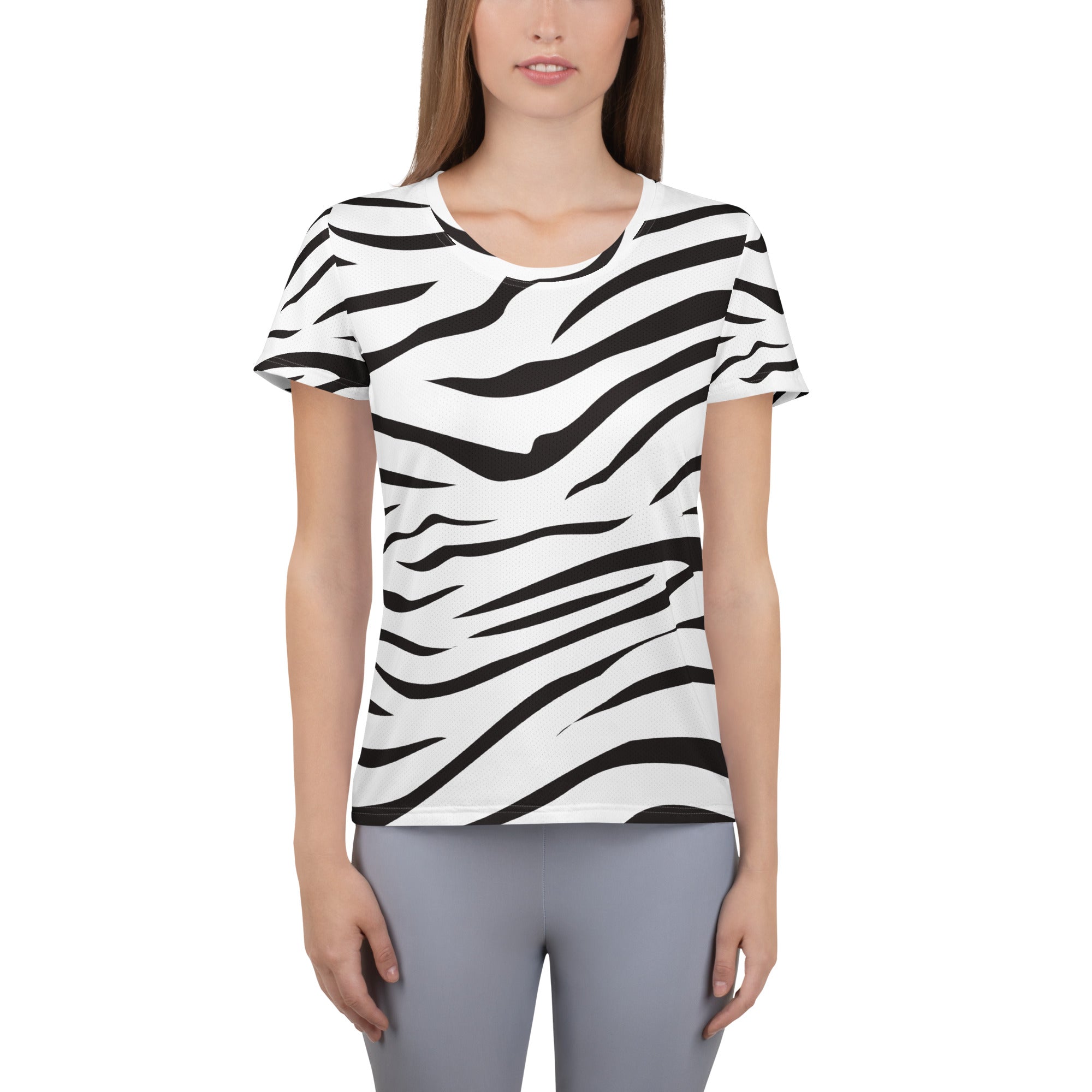 Women’s black and white zebra print short-sleeved performance t-shirt with moisture wicking and upf 50 plus protection