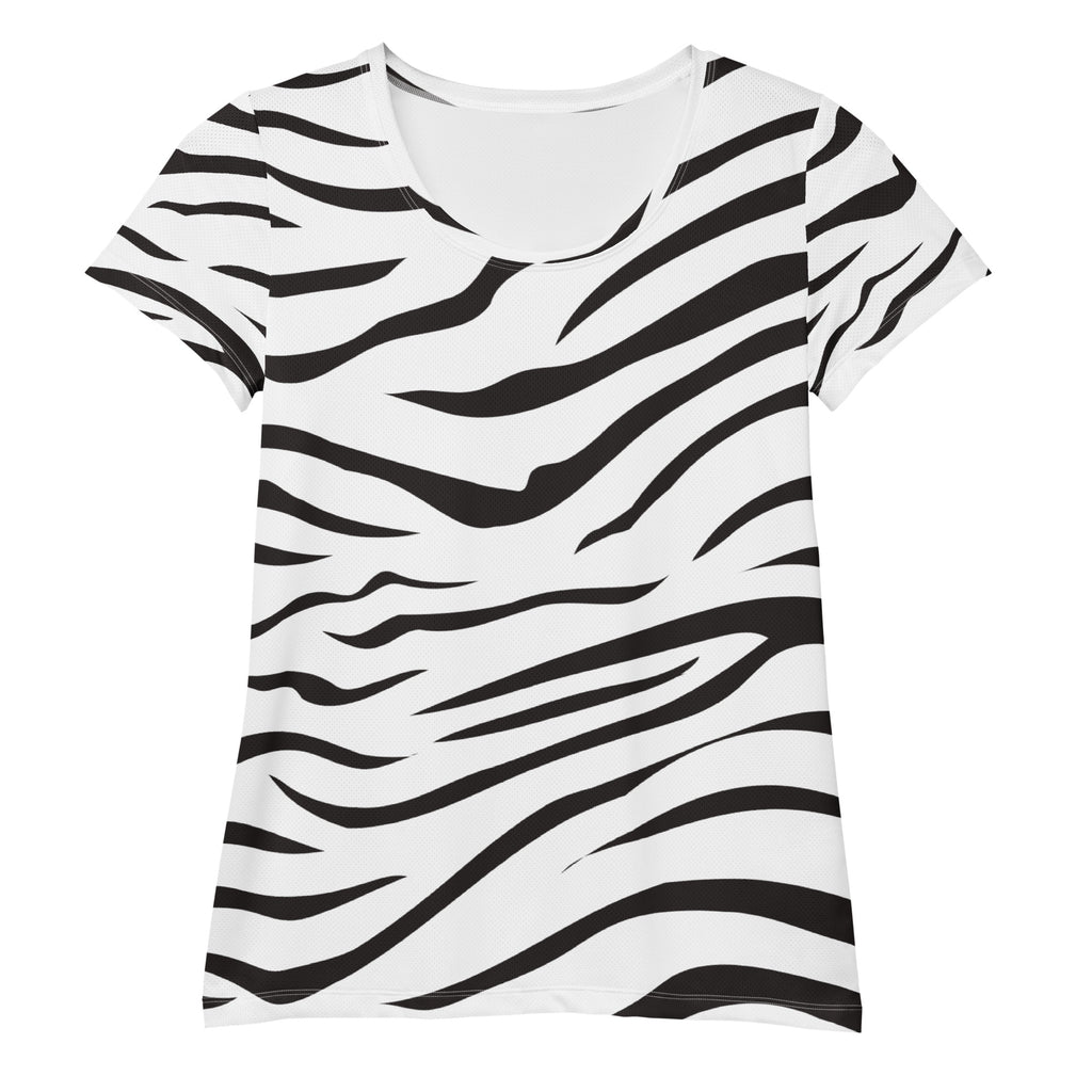 White women’s short-sleeved zebra print performance athletic t-shirt with bold black stripes and moisture wicking fabric