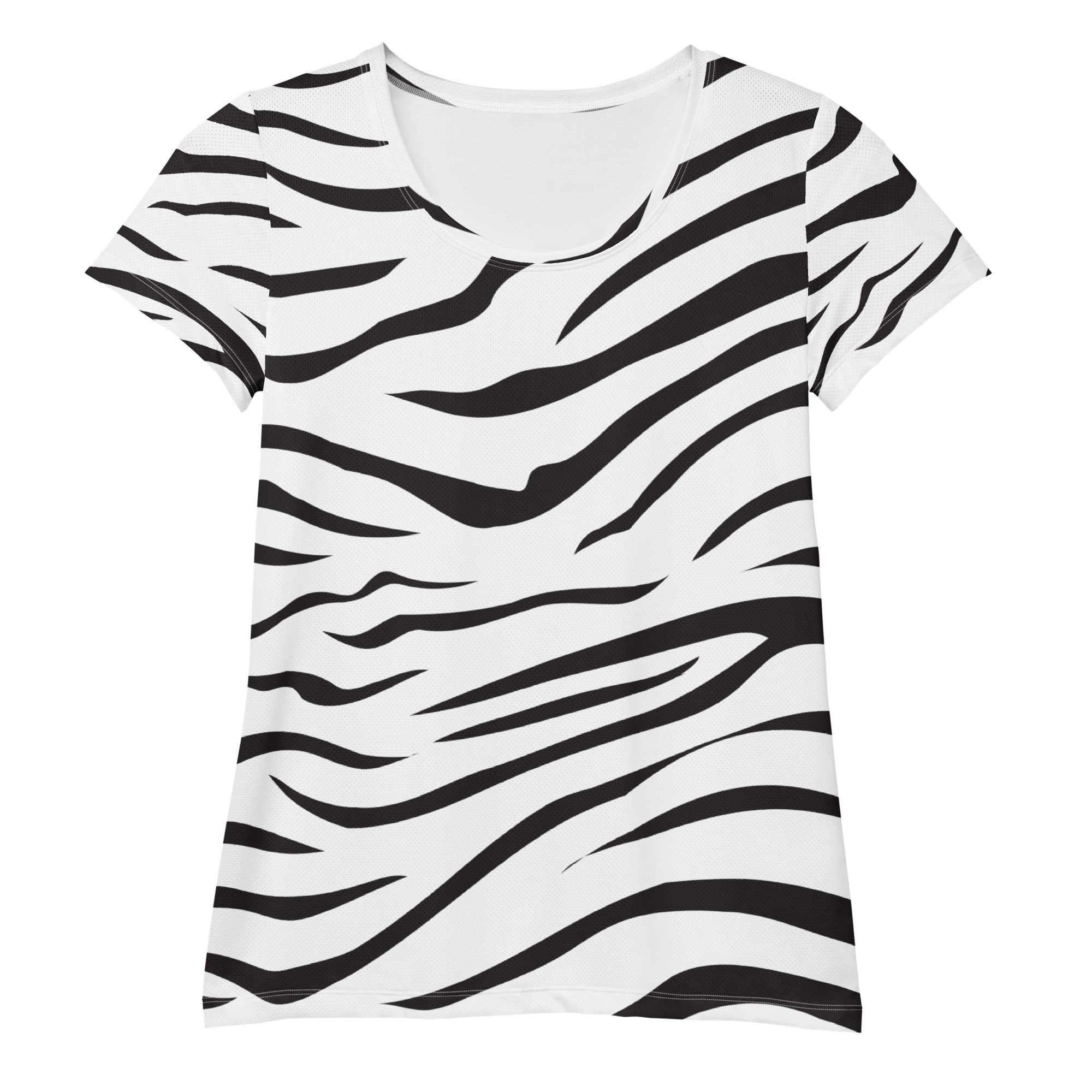 White women’s short-sleeved zebra print performance athletic t-shirt with bold black stripes and moisture wicking fabric